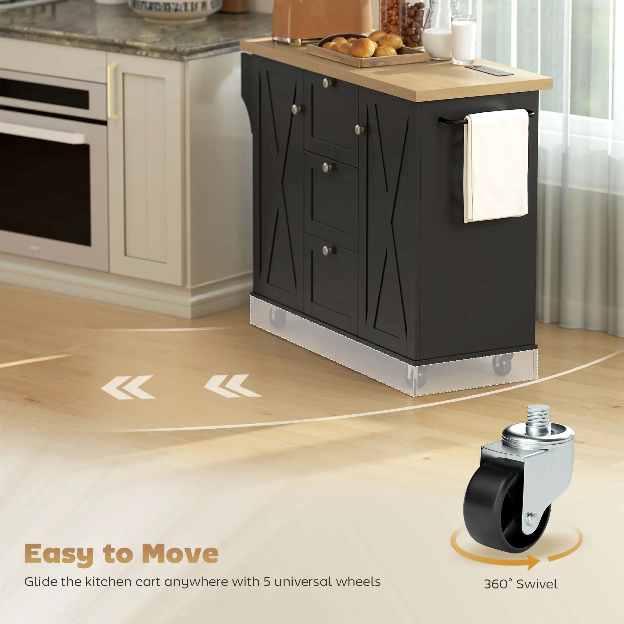 Farmhouse Kitchen Island Cart with Power Outlet, 49 Inch, Black - Image 7