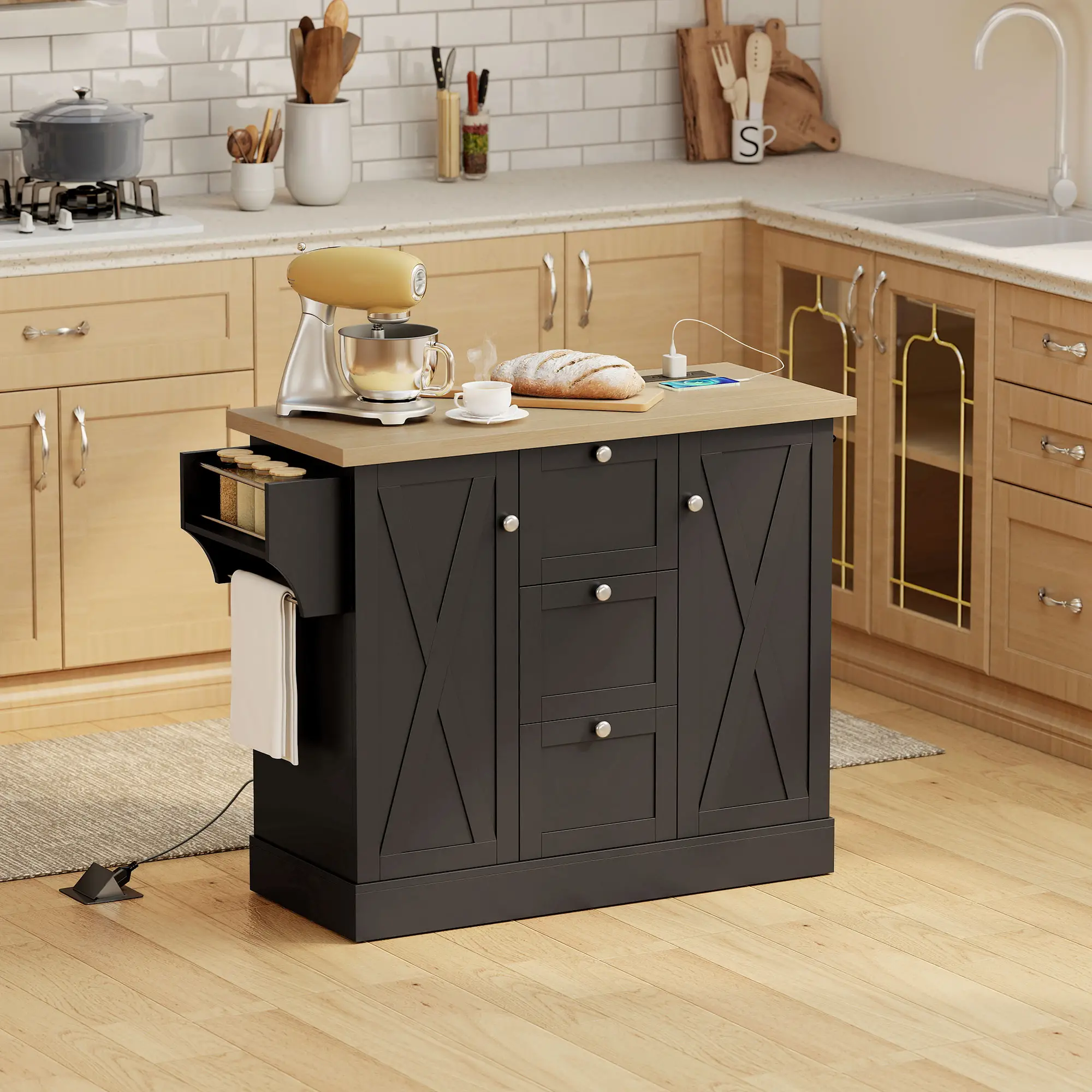 Farmhouse Kitchen Island Cart with Power Outlet, 49 Inch, Black - Image 8