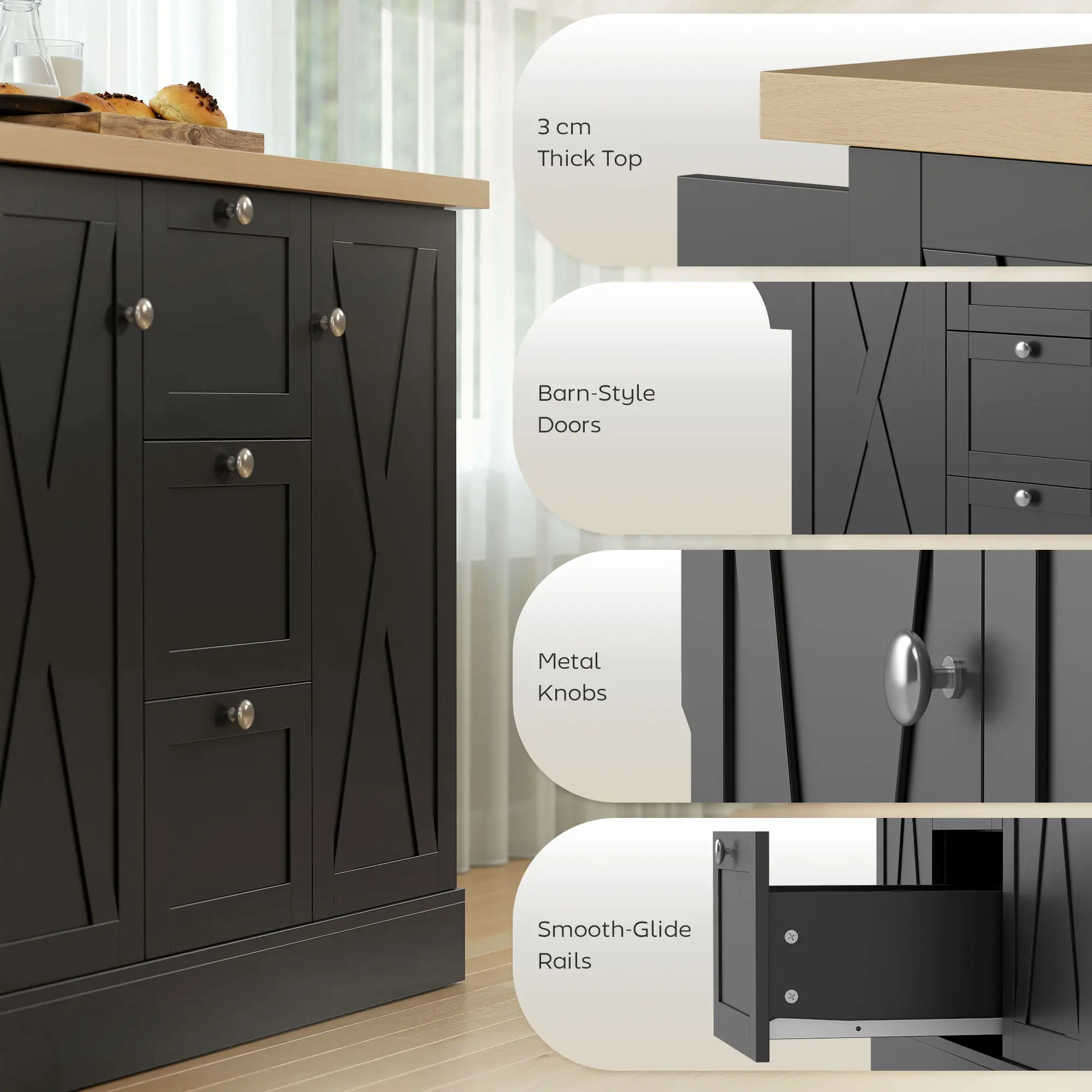 Farmhouse Kitchen Island Cart with Power Outlet, 49 Inch, Black - Image 9
