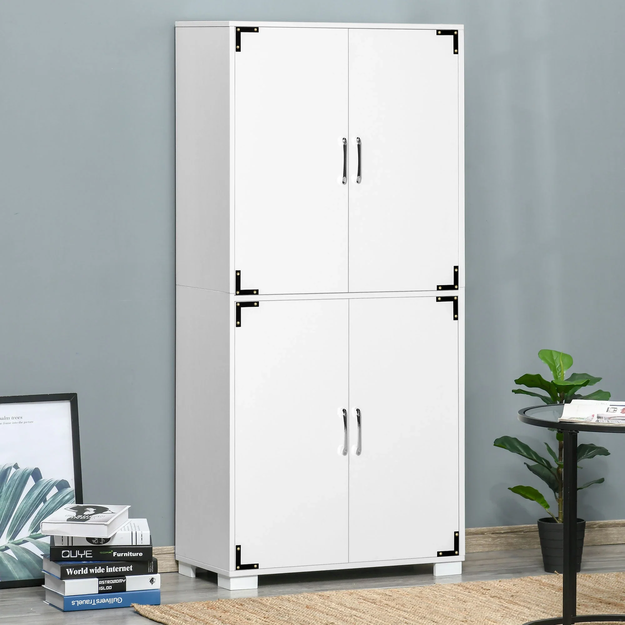 Farmhouse Kitchen Pantry, 4 Door Cabinet with Shelves, White - Image 2