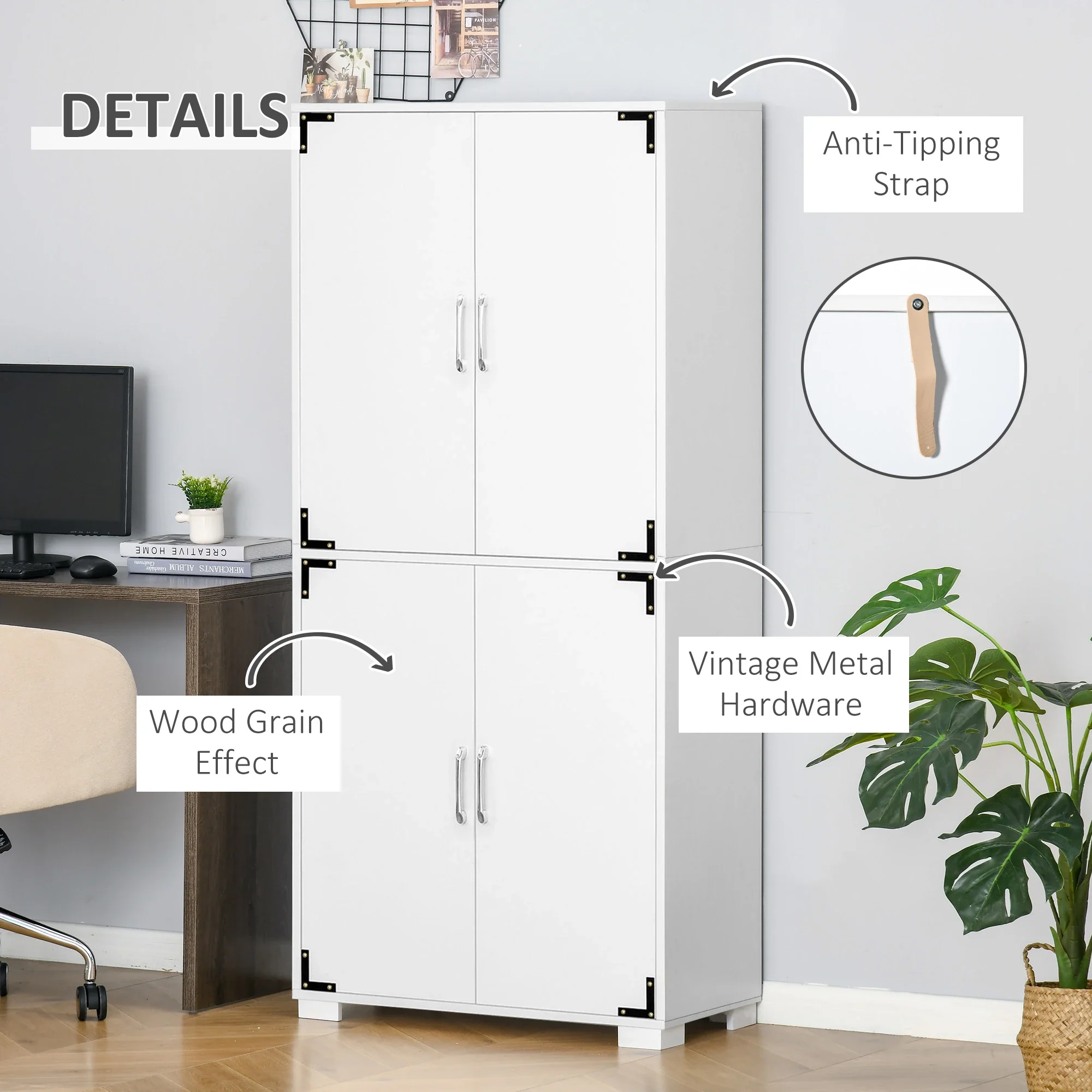 Farmhouse Kitchen Pantry, 4 Door Cabinet with Shelves, White - Image 5