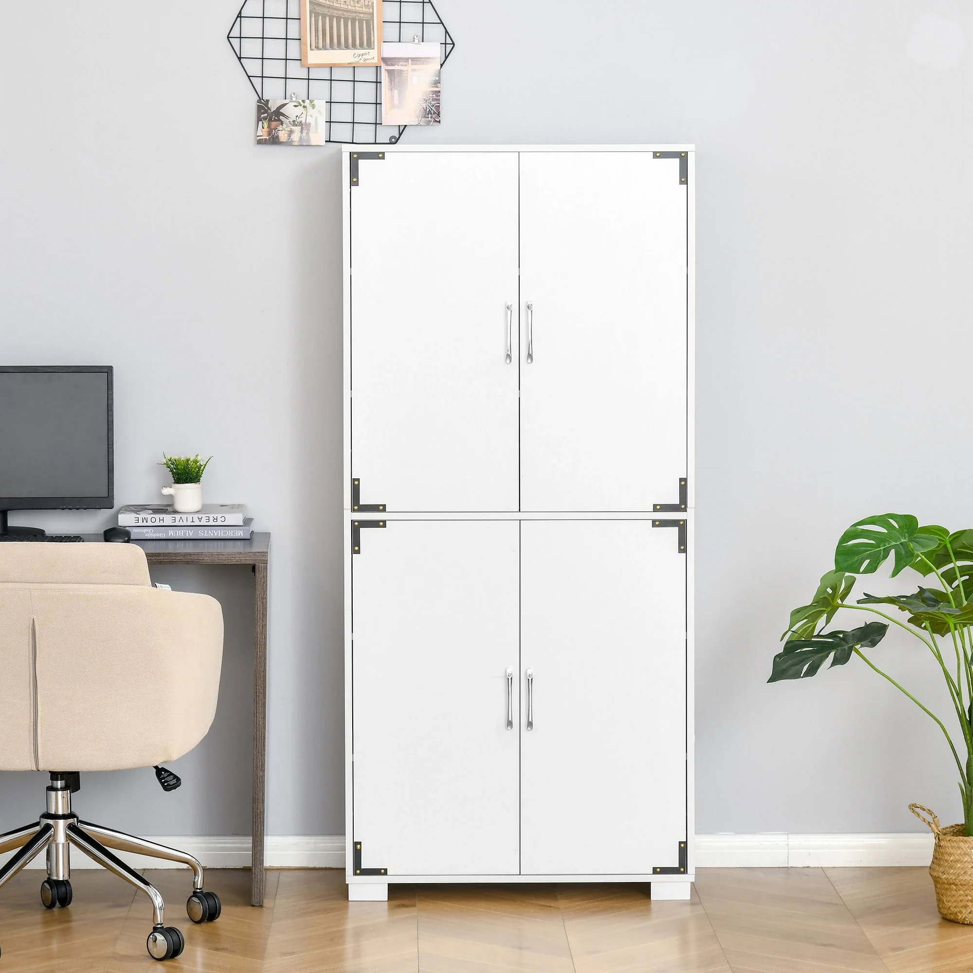 Farmhouse Kitchen Pantry, 4 Door Cabinet with Shelves, White - Image 6