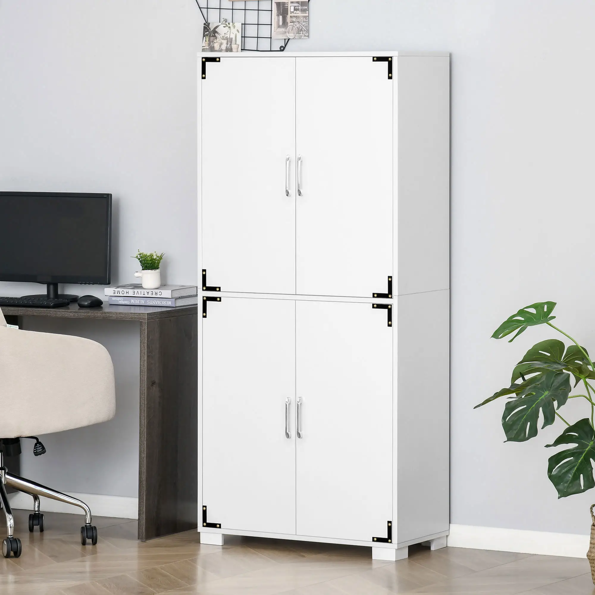 Farmhouse Kitchen Pantry, 4 Door Cabinet with Shelves, White - Image 8