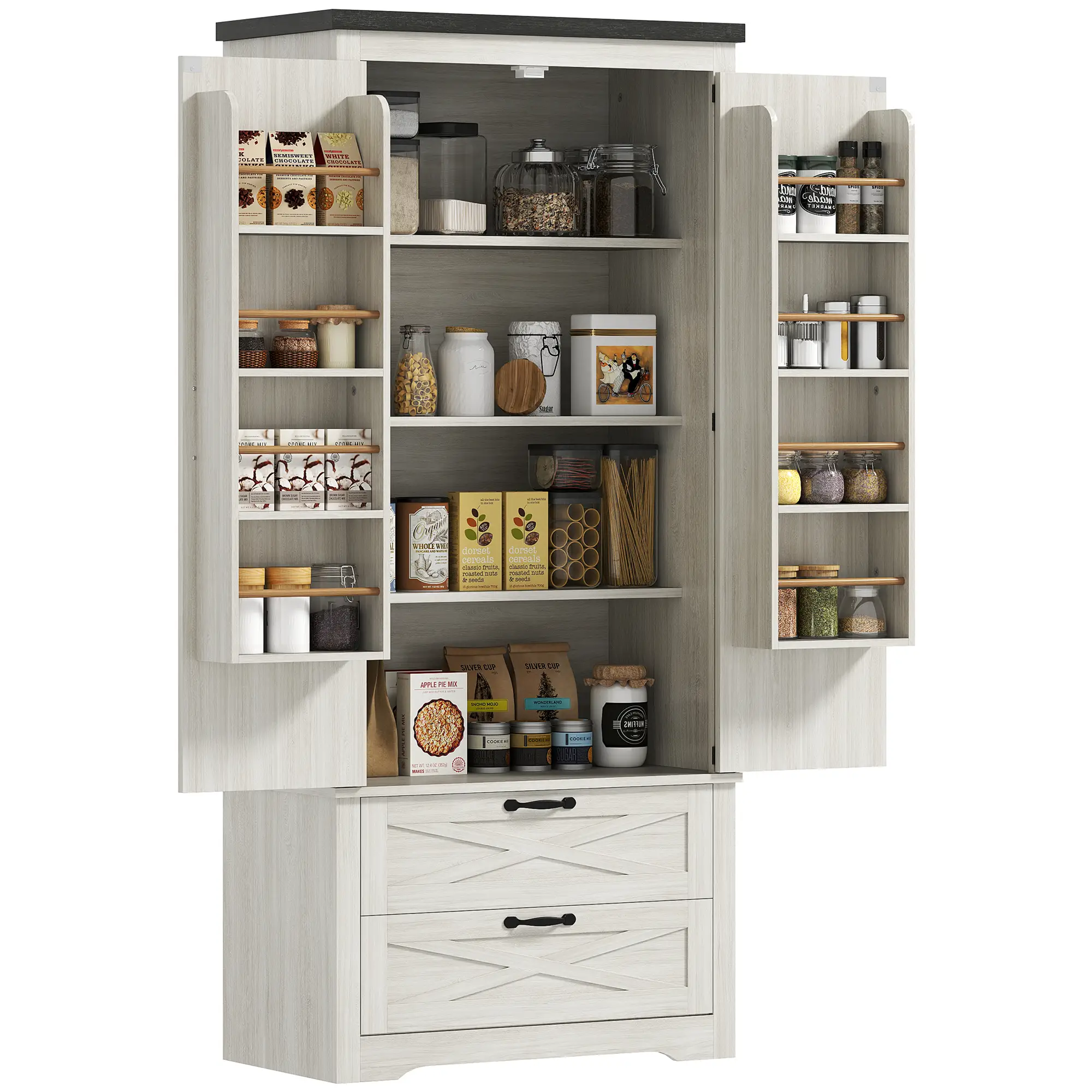Farmhouse Kitchen Pantry, 64" Freestanding, Distressed, White