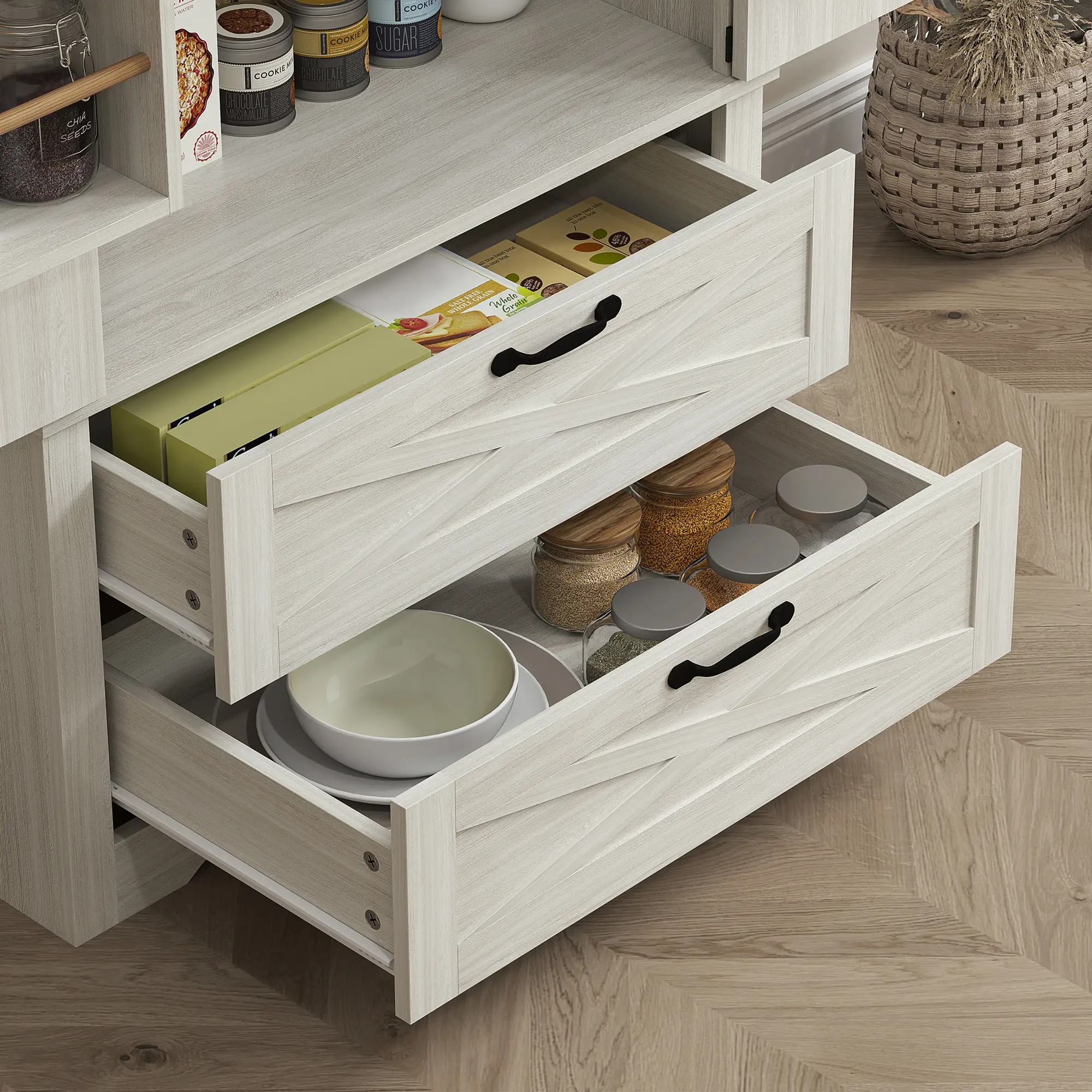 Farmhouse Kitchen Pantry, 64" Freestanding, Distressed, White - Image 10