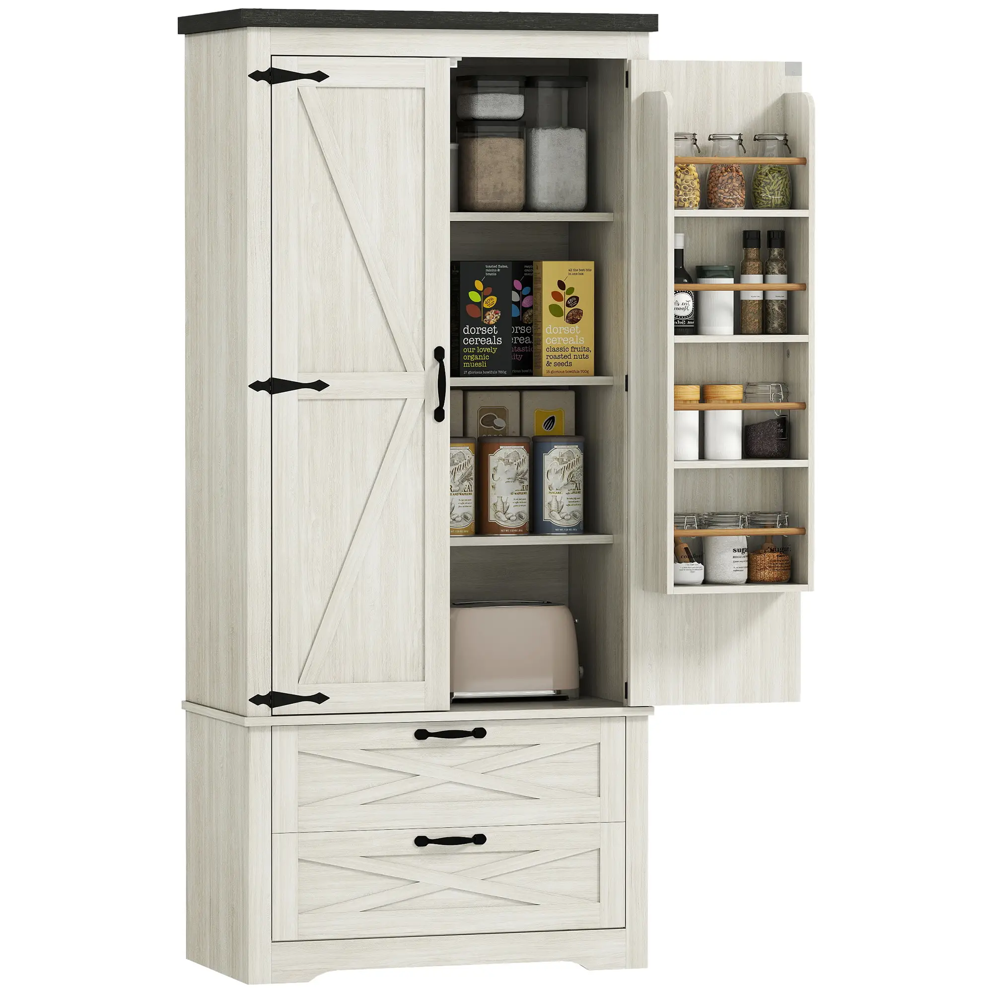 Farmhouse Kitchen Pantry, 64" Freestanding, Distressed, White - Image 11