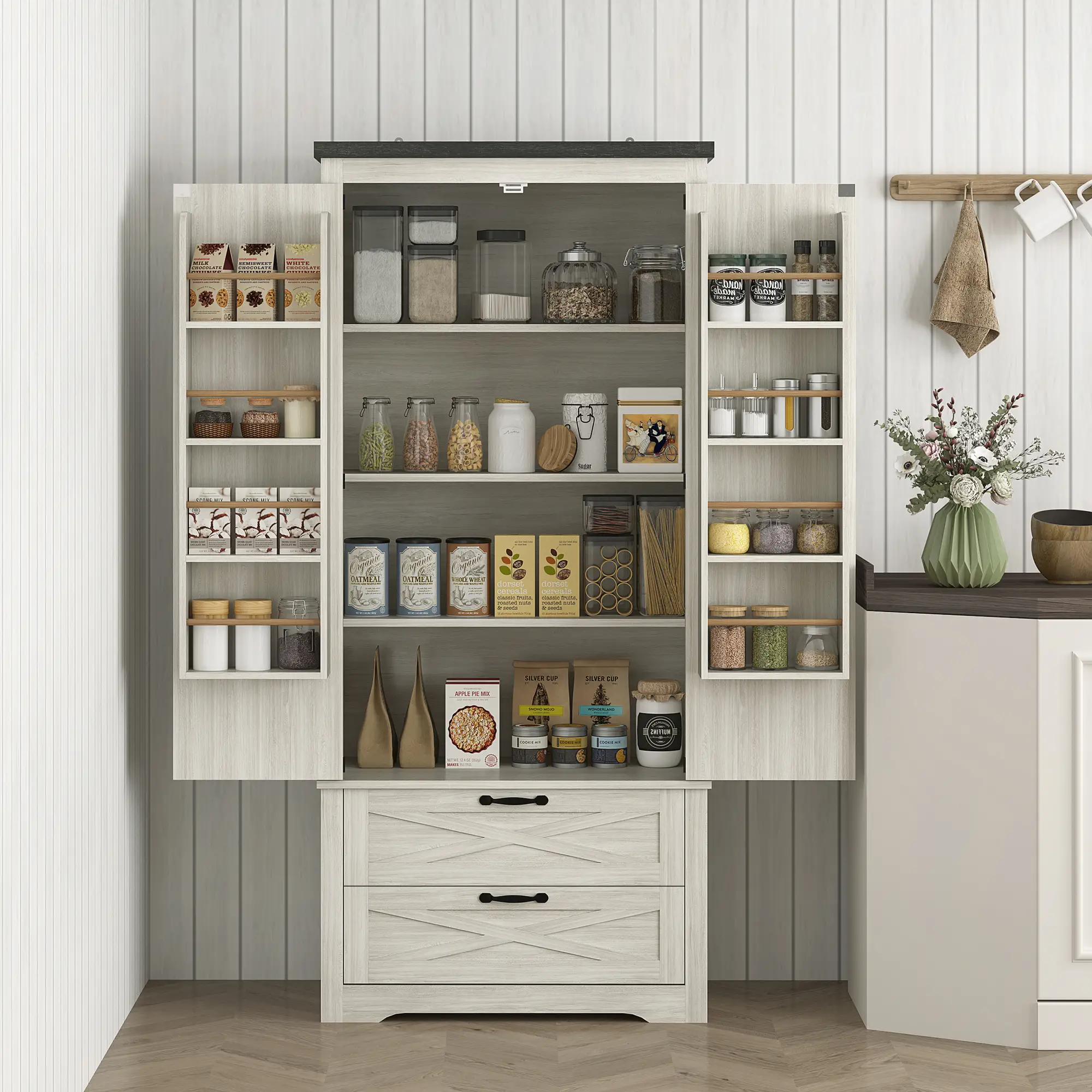 Farmhouse Kitchen Pantry, 64" Freestanding, Distressed, White - Image 2