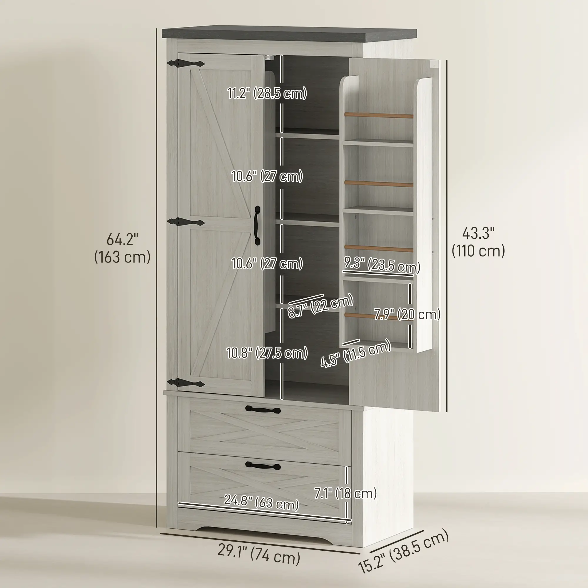 Farmhouse Kitchen Pantry, 64" Freestanding, Distressed, White - Image 3