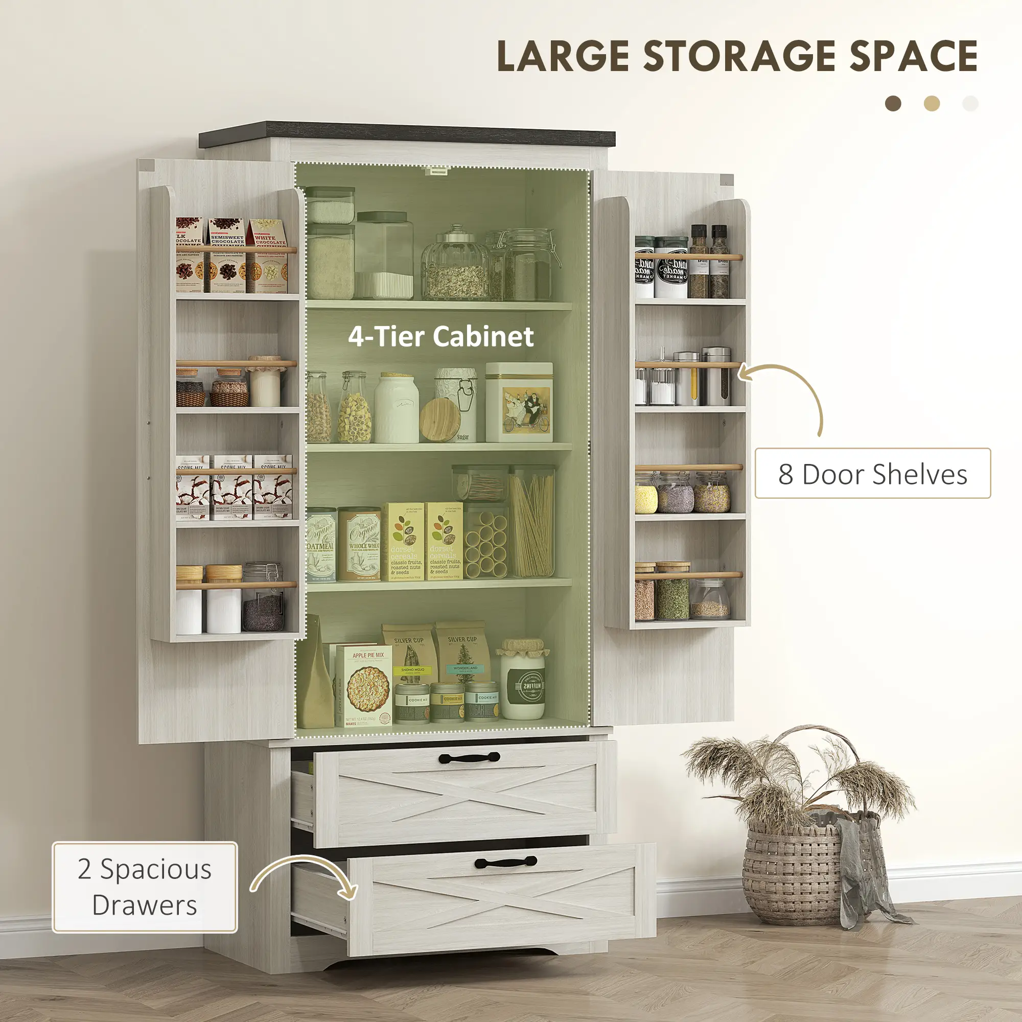 Farmhouse Kitchen Pantry, 64" Freestanding, Distressed, White - Image 5