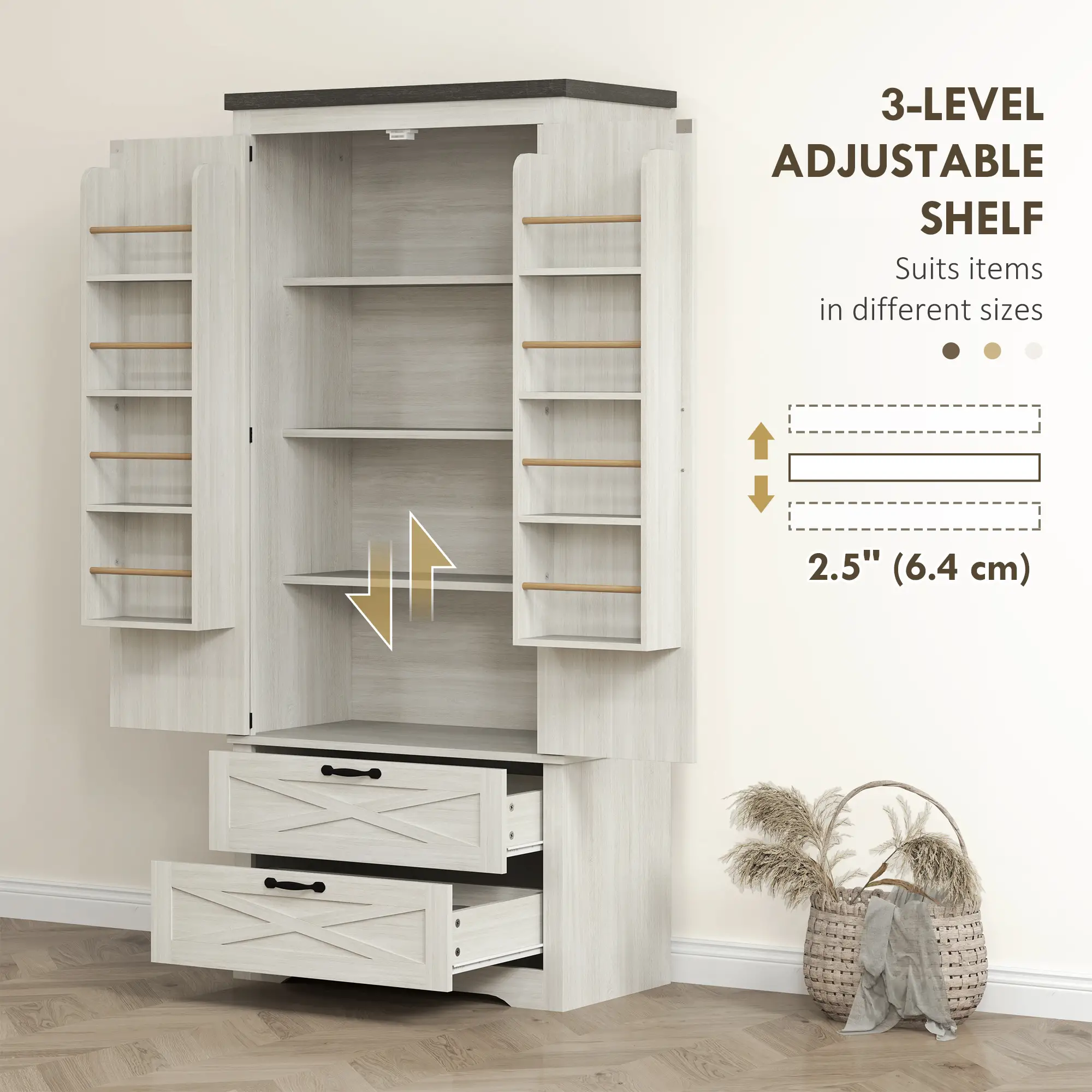 Farmhouse Kitchen Pantry, 64" Freestanding, Distressed, White - Image 6
