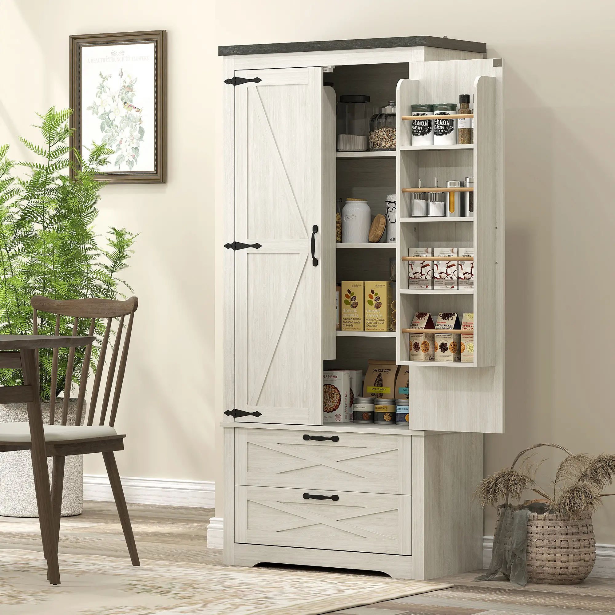 Farmhouse Kitchen Pantry, 64" Freestanding, Distressed, White - Image 8