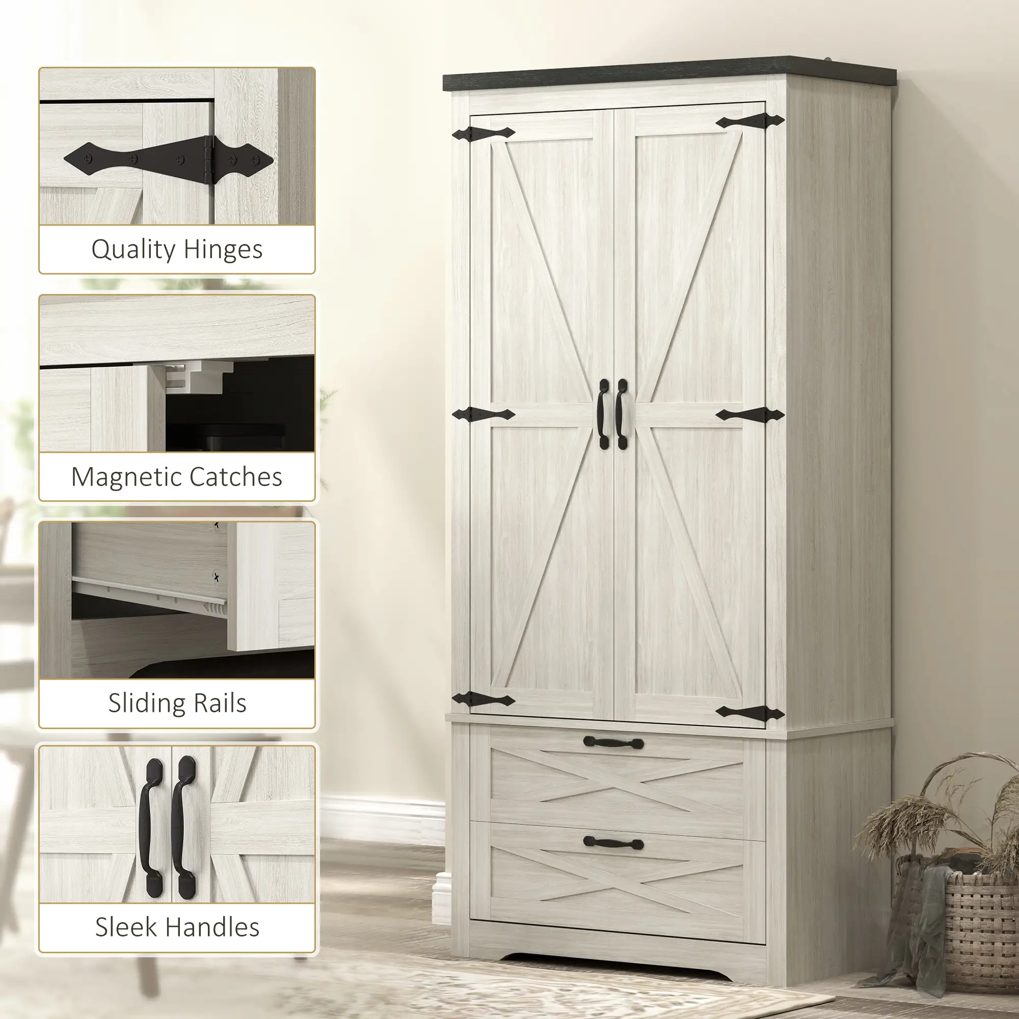 Farmhouse Kitchen Pantry, 64" Freestanding, Distressed, White - Image 9