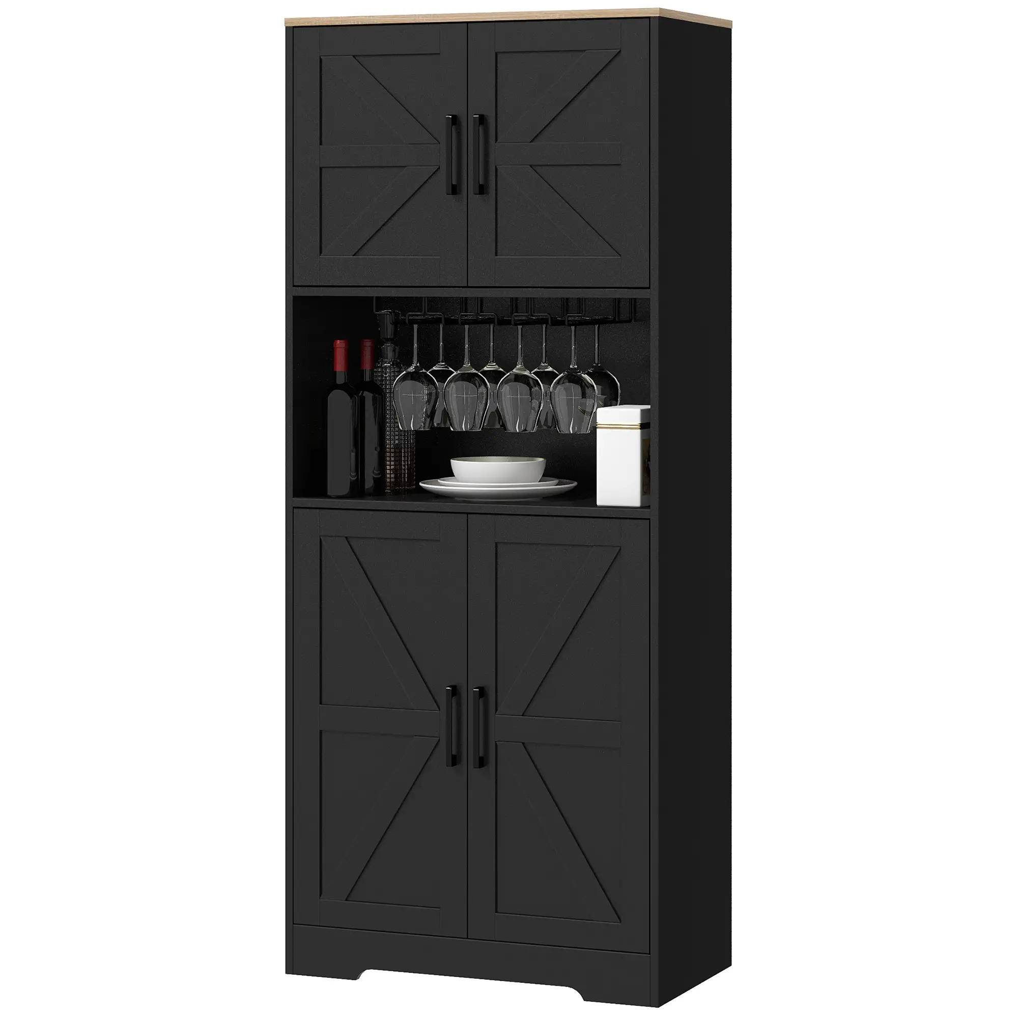 Farmhouse Kitchen Pantry, 68" Freestanding Cabinet, Black