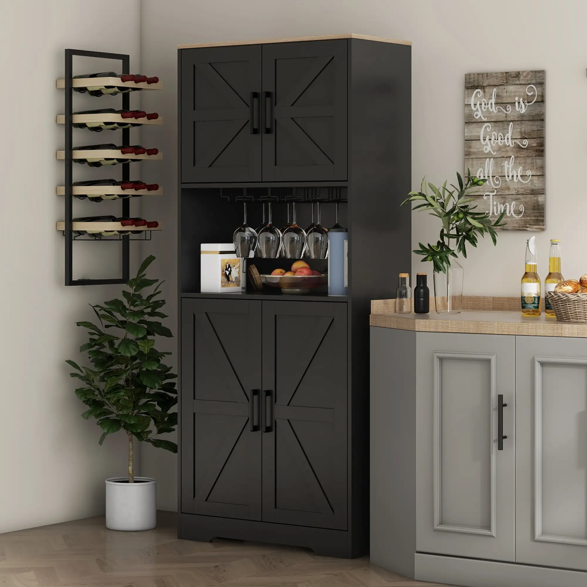 Farmhouse Kitchen Pantry, 68" Freestanding Cabinet, Black - Image 2