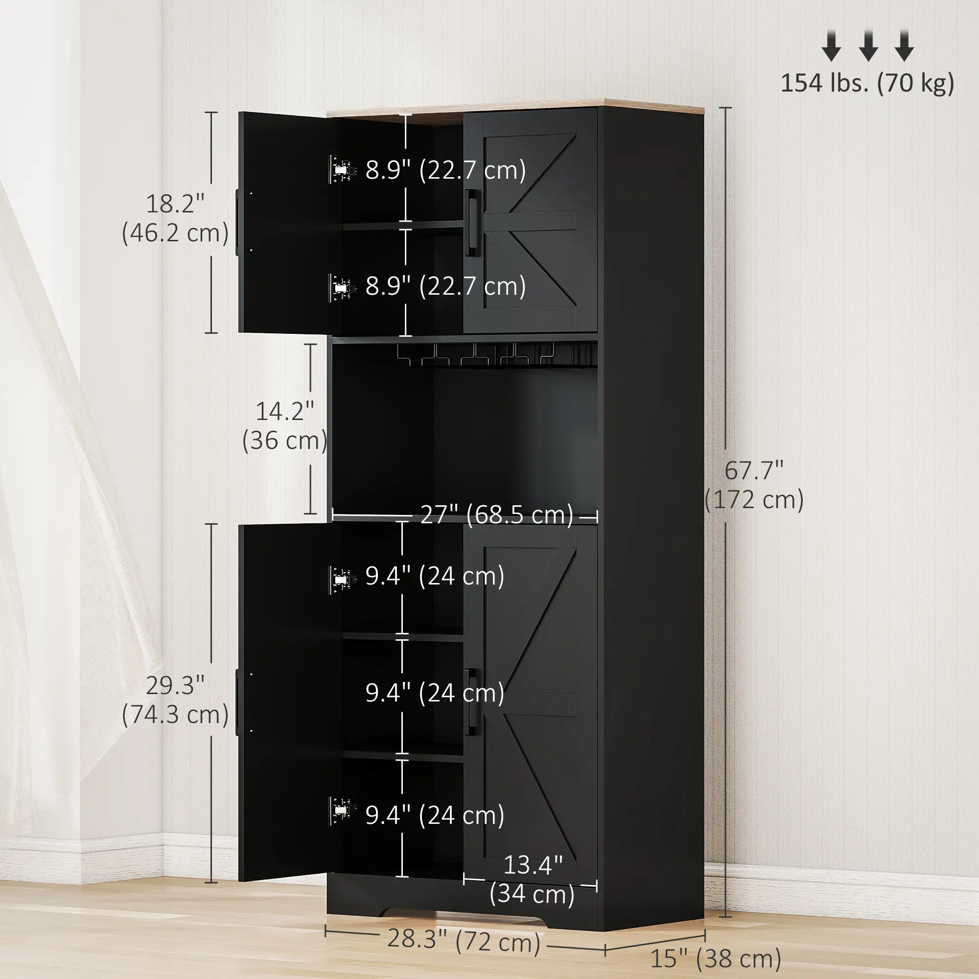 Farmhouse Kitchen Pantry, 68" Freestanding Cabinet, Black - Image 3
