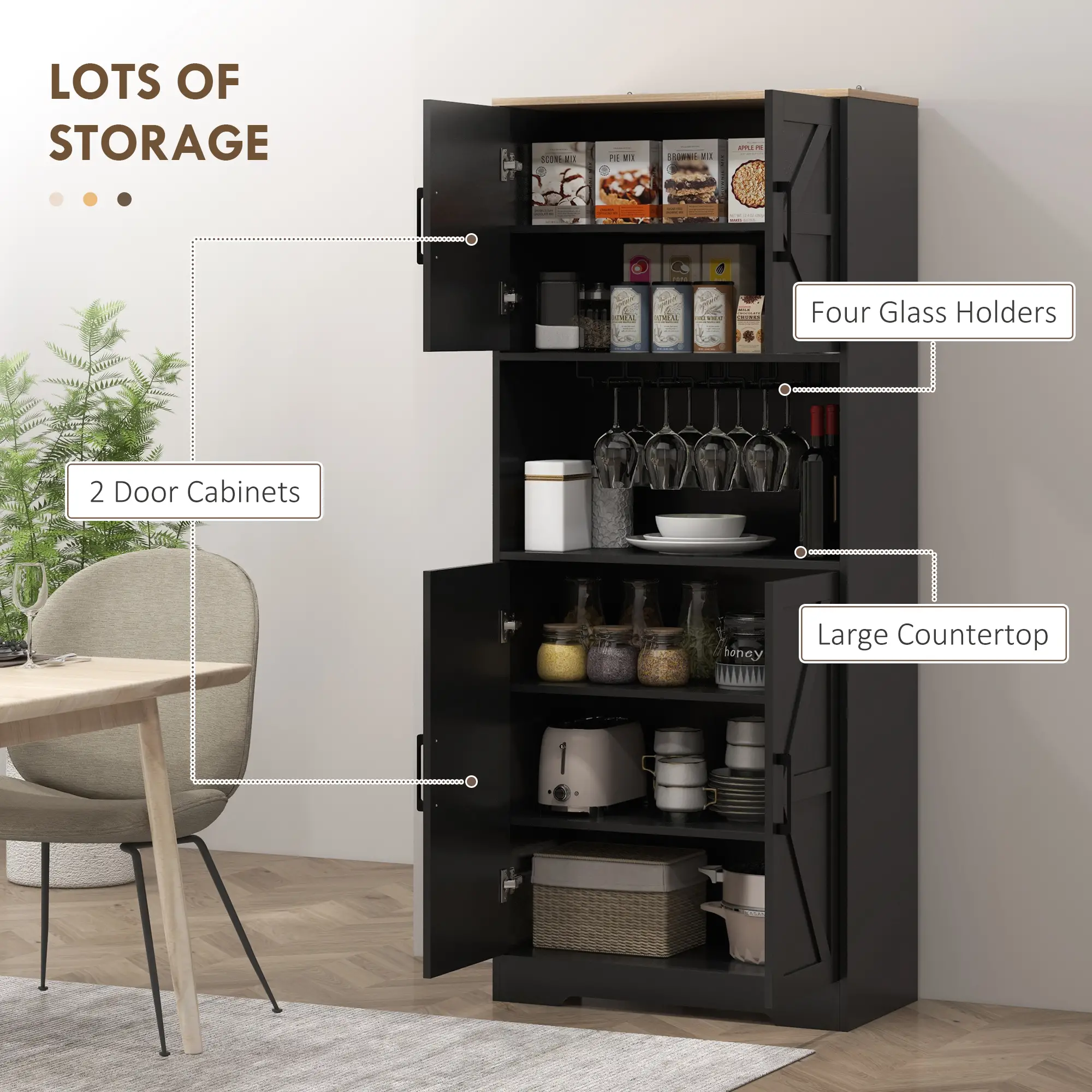 Farmhouse Kitchen Pantry, 68" Freestanding Cabinet, Black - Image 4
