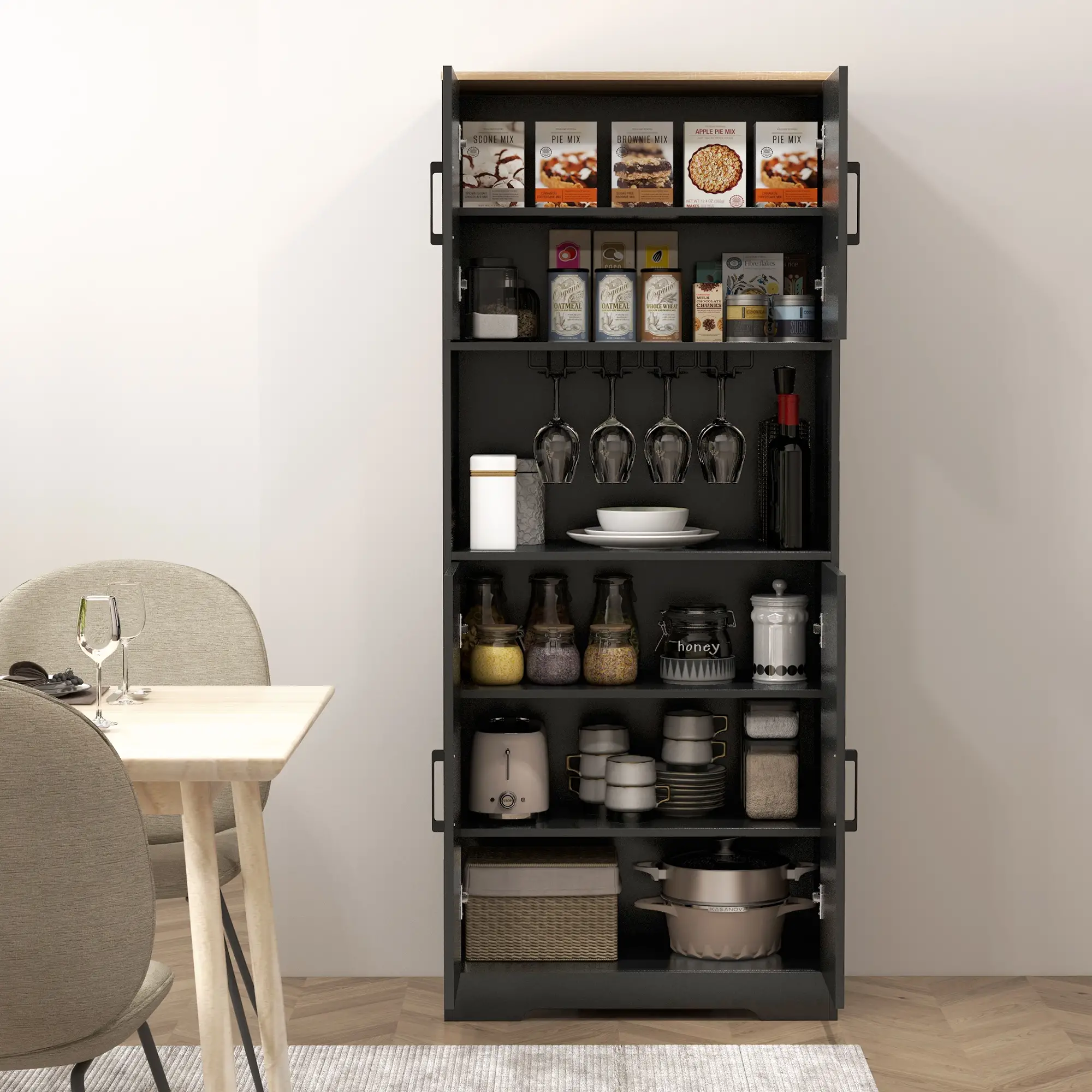 Farmhouse Kitchen Pantry, 68" Freestanding Cabinet, Black - Image 7