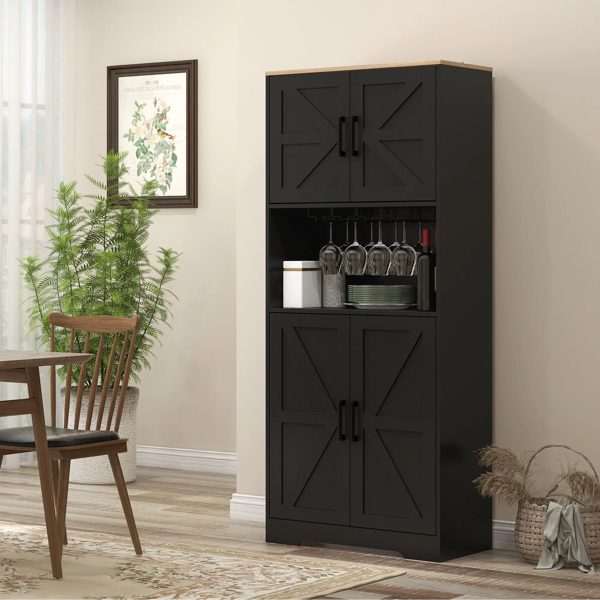 Farmhouse Kitchen Pantry, 68" Freestanding Cabinet, Black - Image 8