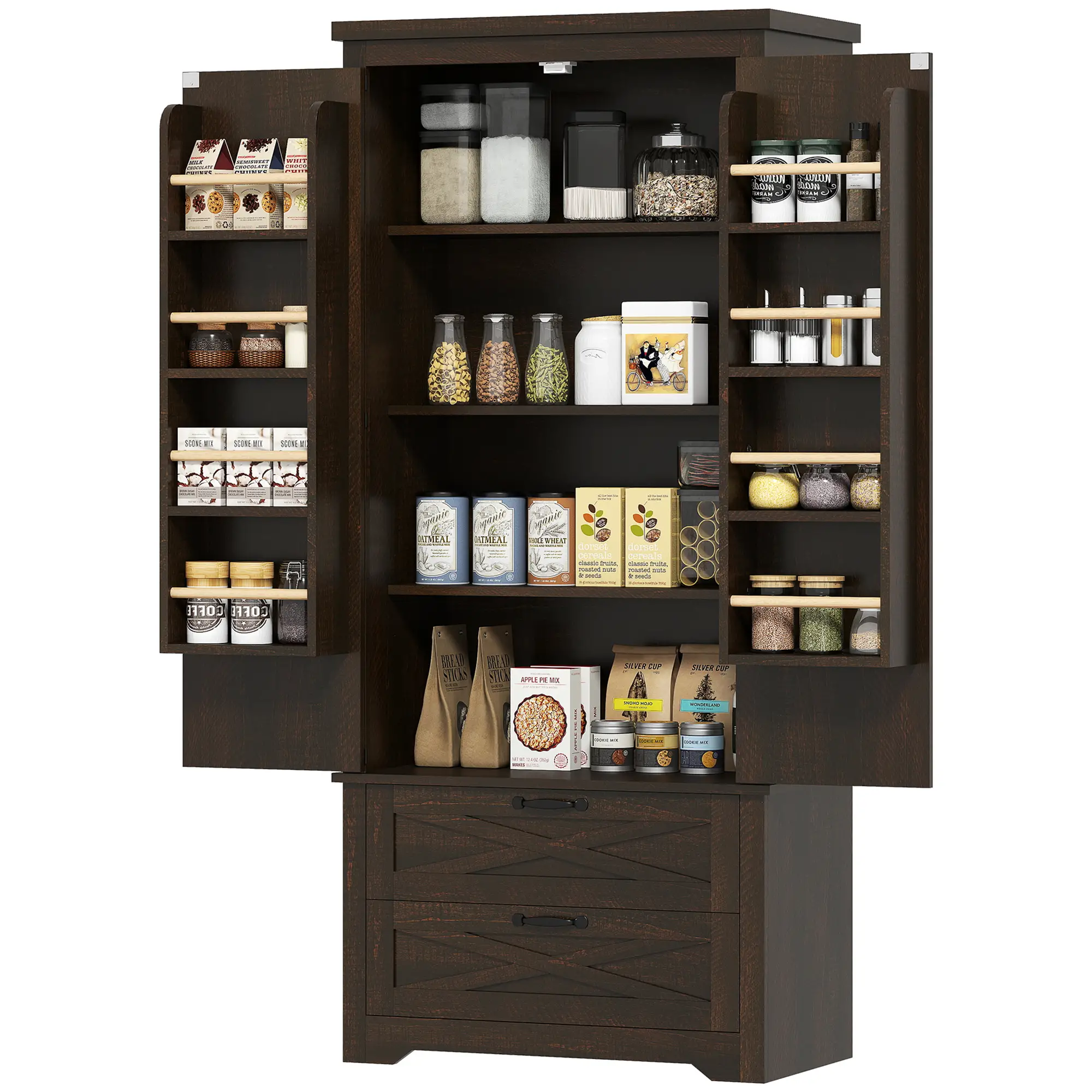 Farmhouse Kitchen Pantry Cabinet, 64", Distressed Dark Brown