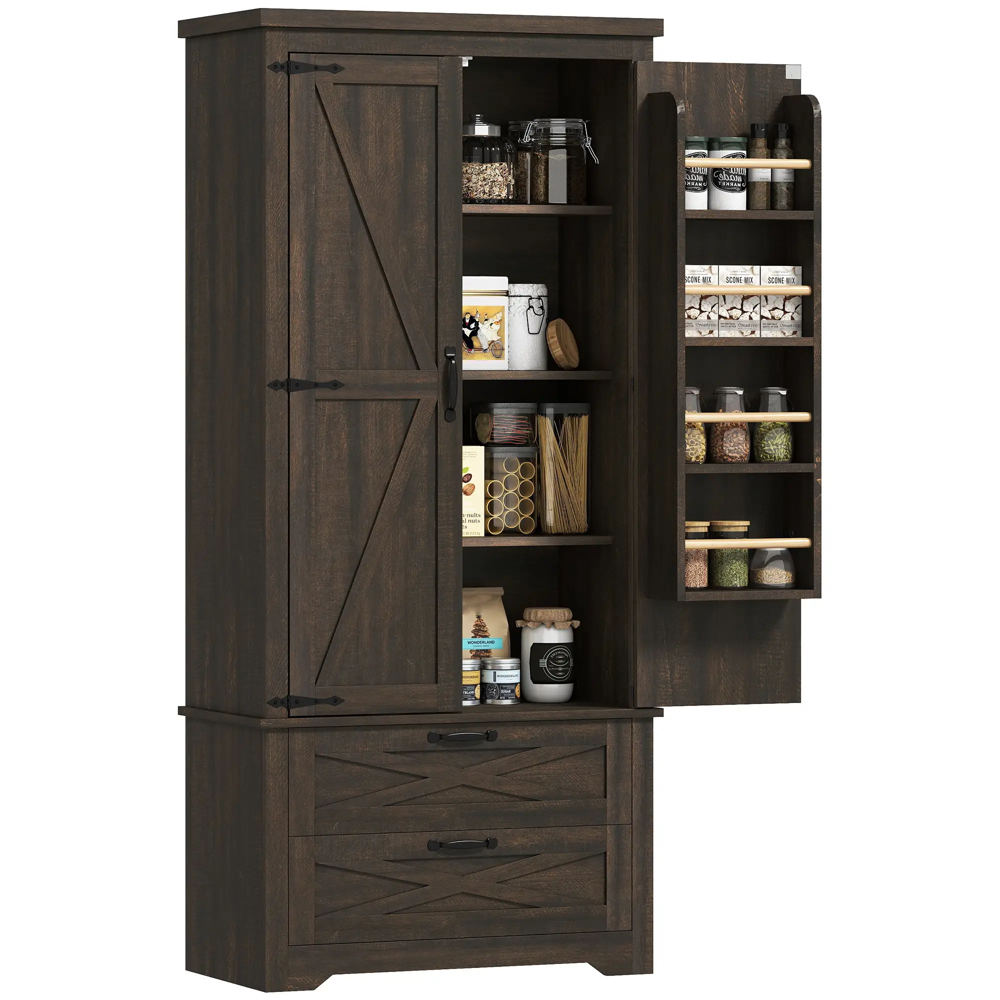 Farmhouse Kitchen Pantry Cabinet, 64", Distressed Dark Brown - Image 11