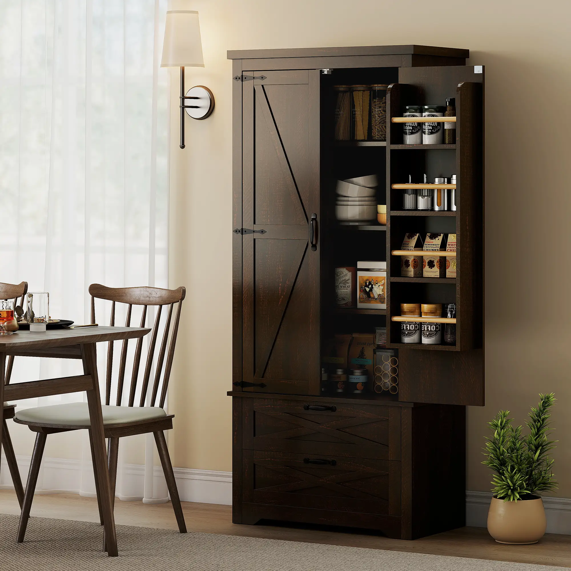 Farmhouse Kitchen Pantry Cabinet, 64", Distressed Dark Brown - Image 2