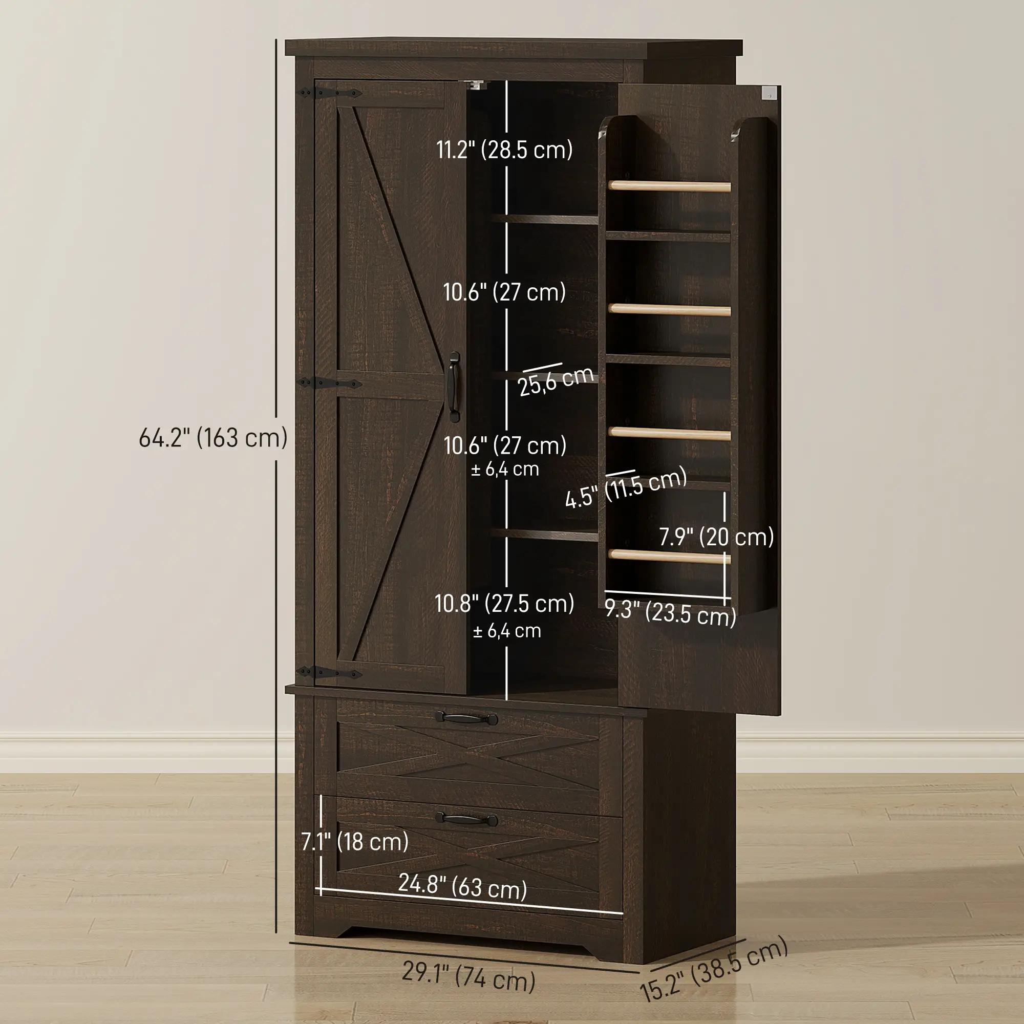 Farmhouse Kitchen Pantry Cabinet, 64", Distressed Dark Brown - Image 3