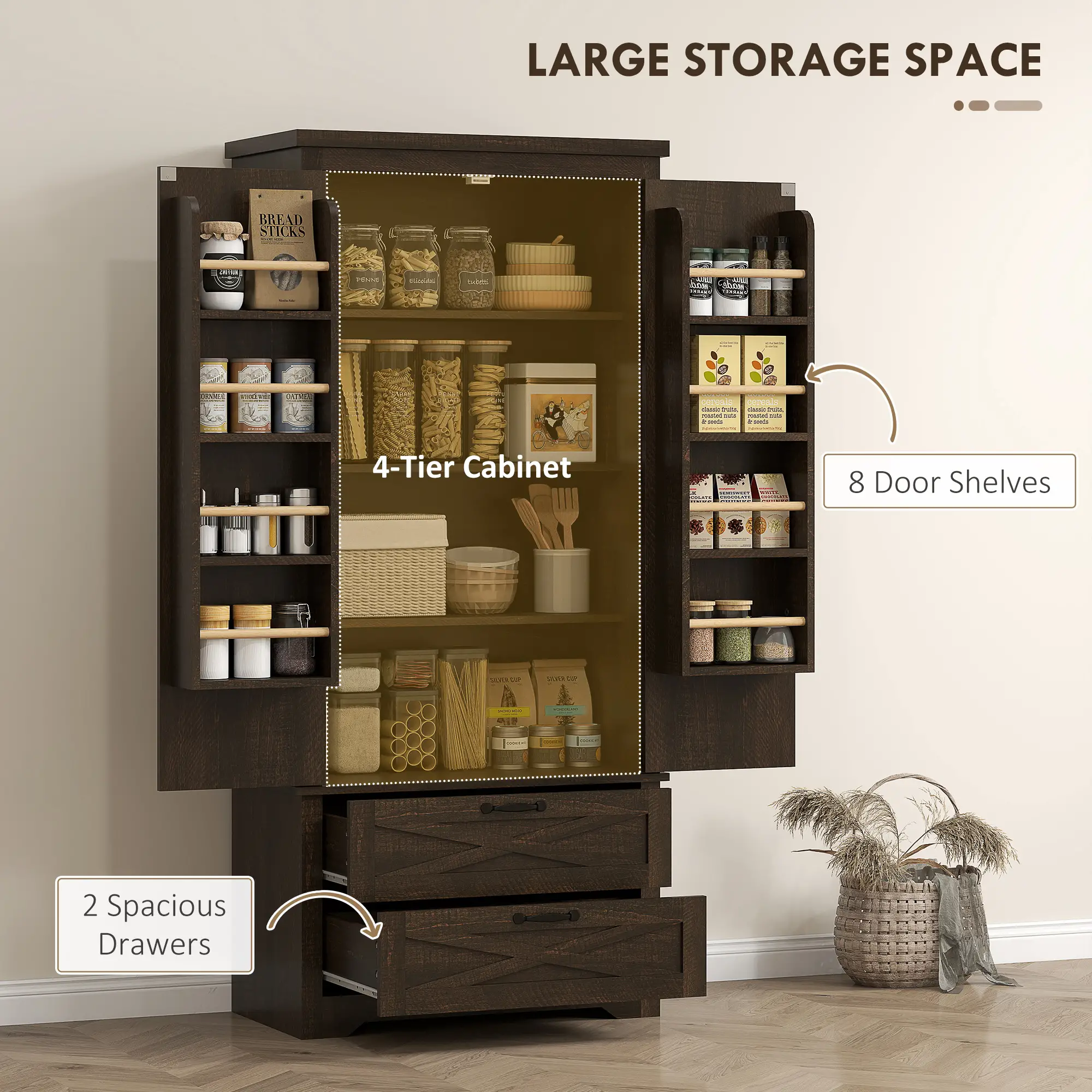 Farmhouse Kitchen Pantry Cabinet, 64", Distressed Dark Brown - Image 5