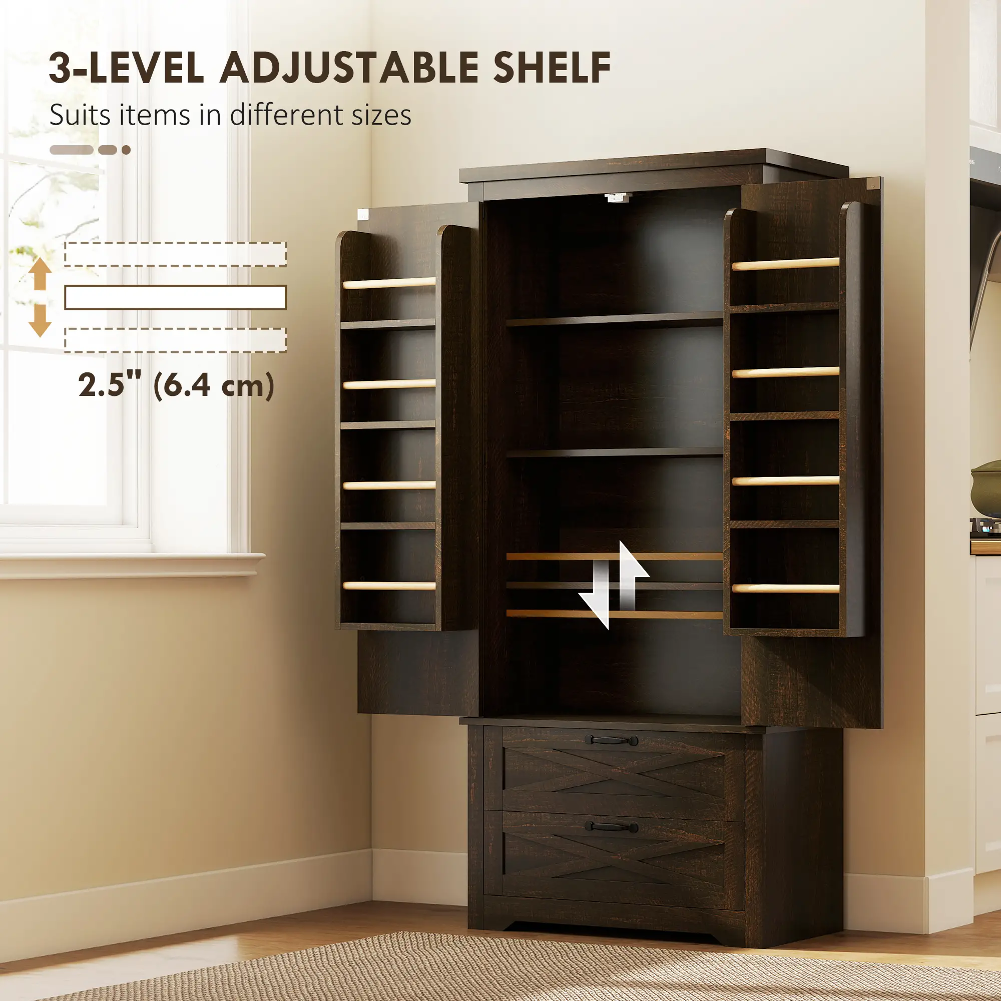 Farmhouse Kitchen Pantry Cabinet, 64", Distressed Dark Brown - Image 6