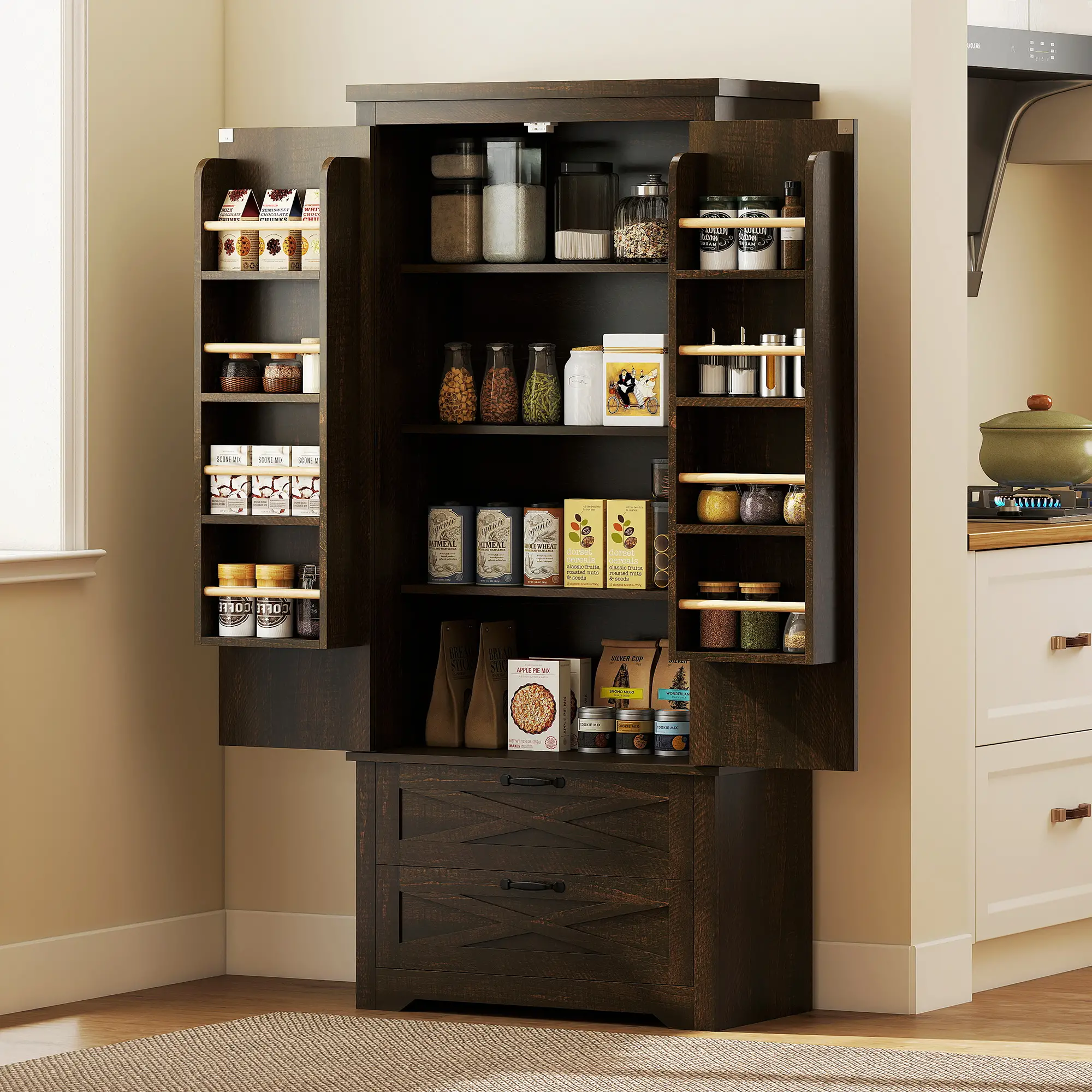 Farmhouse Kitchen Pantry Cabinet, 64", Distressed Dark Brown - Image 8