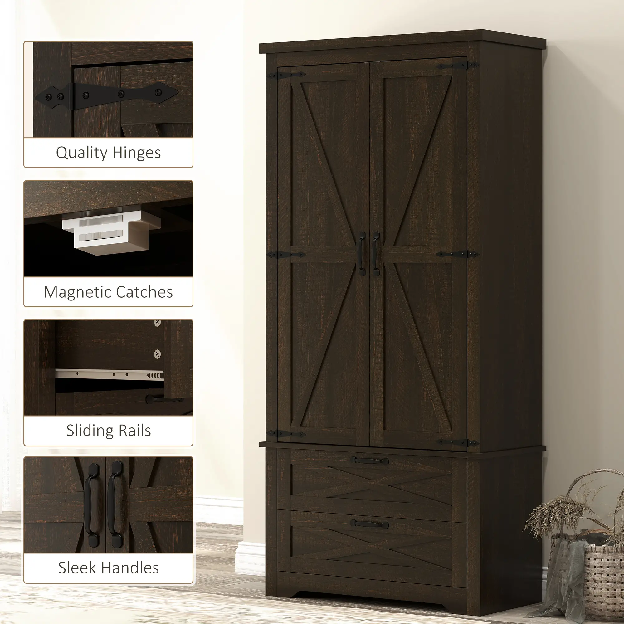 Farmhouse Kitchen Pantry Cabinet, 64", Distressed Dark Brown - Image 9