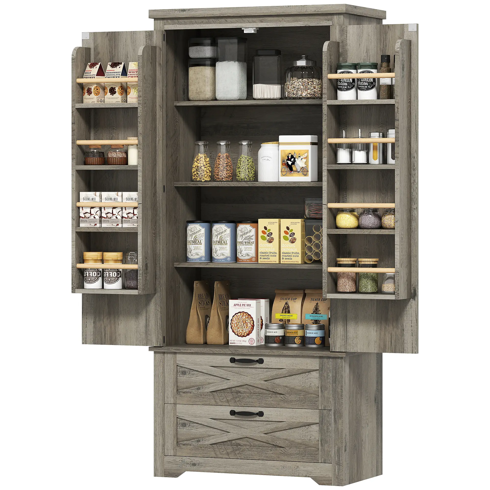 Farmhouse Kitchen Pantry Cabinet, 64" Freestanding with Drawers, Distressed Grey, Grey