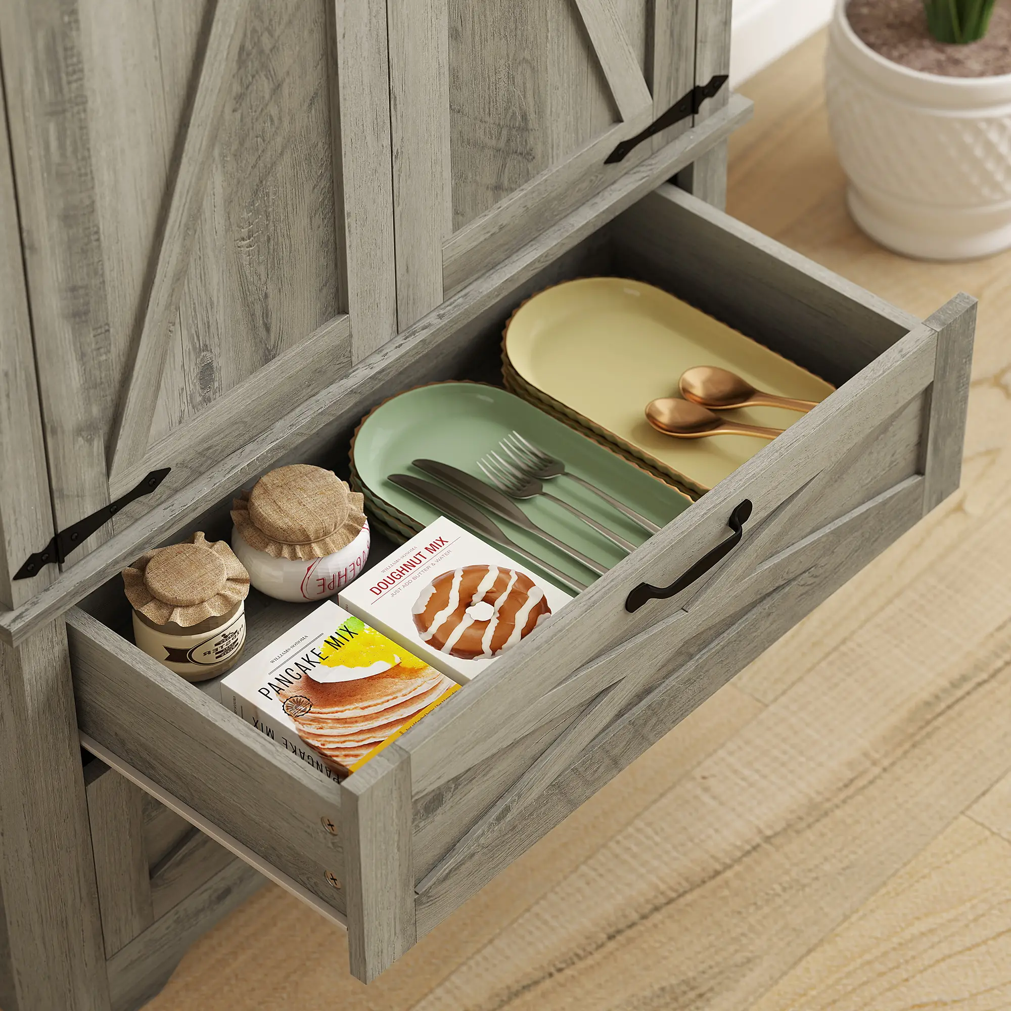 Farmhouse Kitchen Pantry Cabinet, 64" Freestanding with Drawers, Distressed Grey, Grey - Image 10