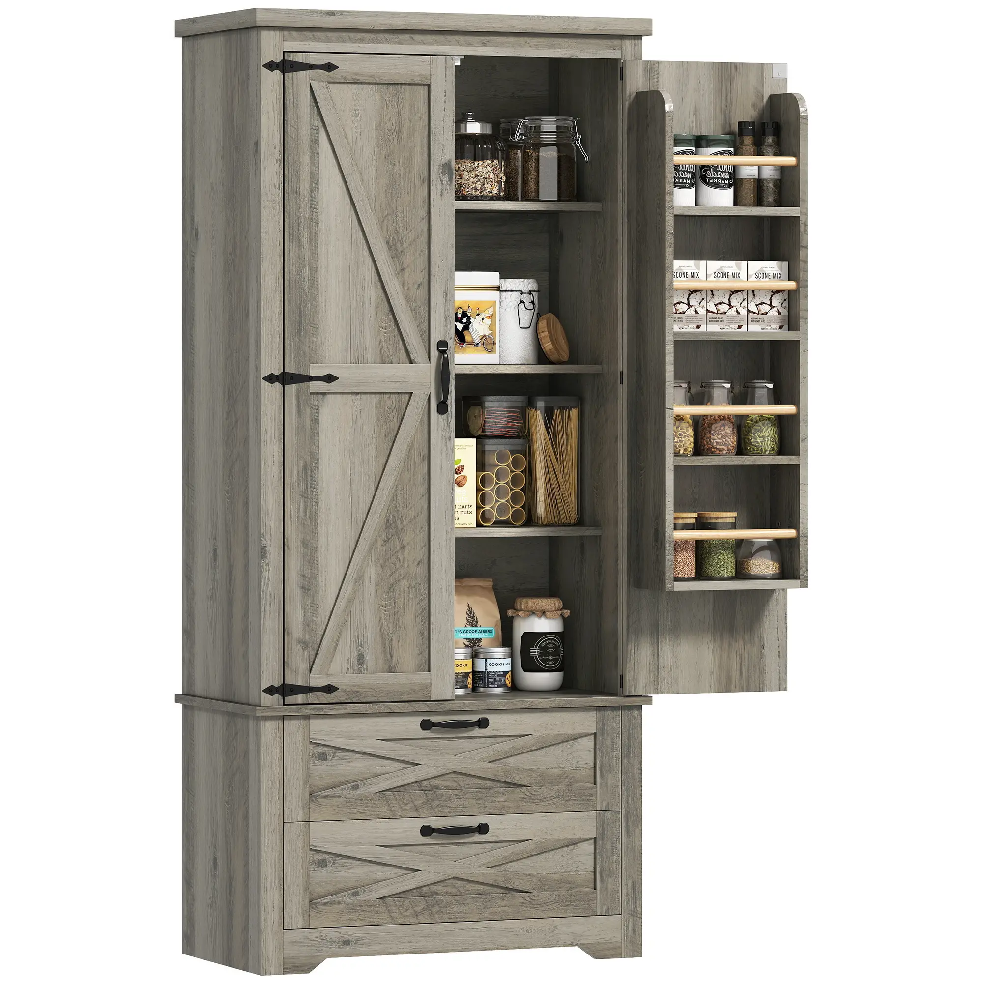 Farmhouse Kitchen Pantry Cabinet, 64" Freestanding with Drawers, Distressed Grey, Grey - Image 11