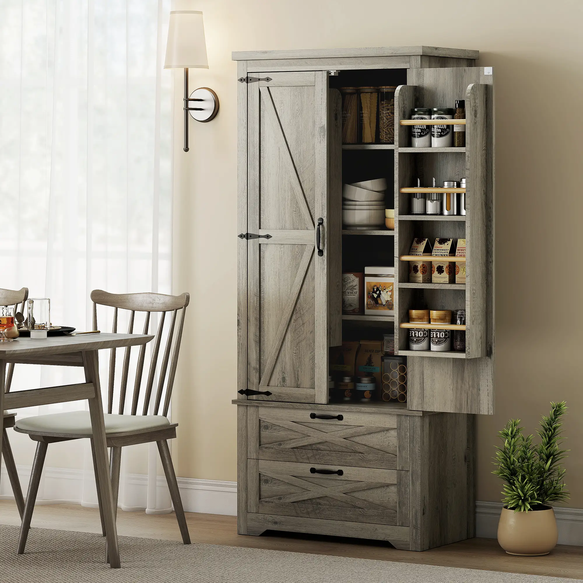 Farmhouse Kitchen Pantry Cabinet, 64" Freestanding with Drawers, Distressed Grey, Grey - Image 2