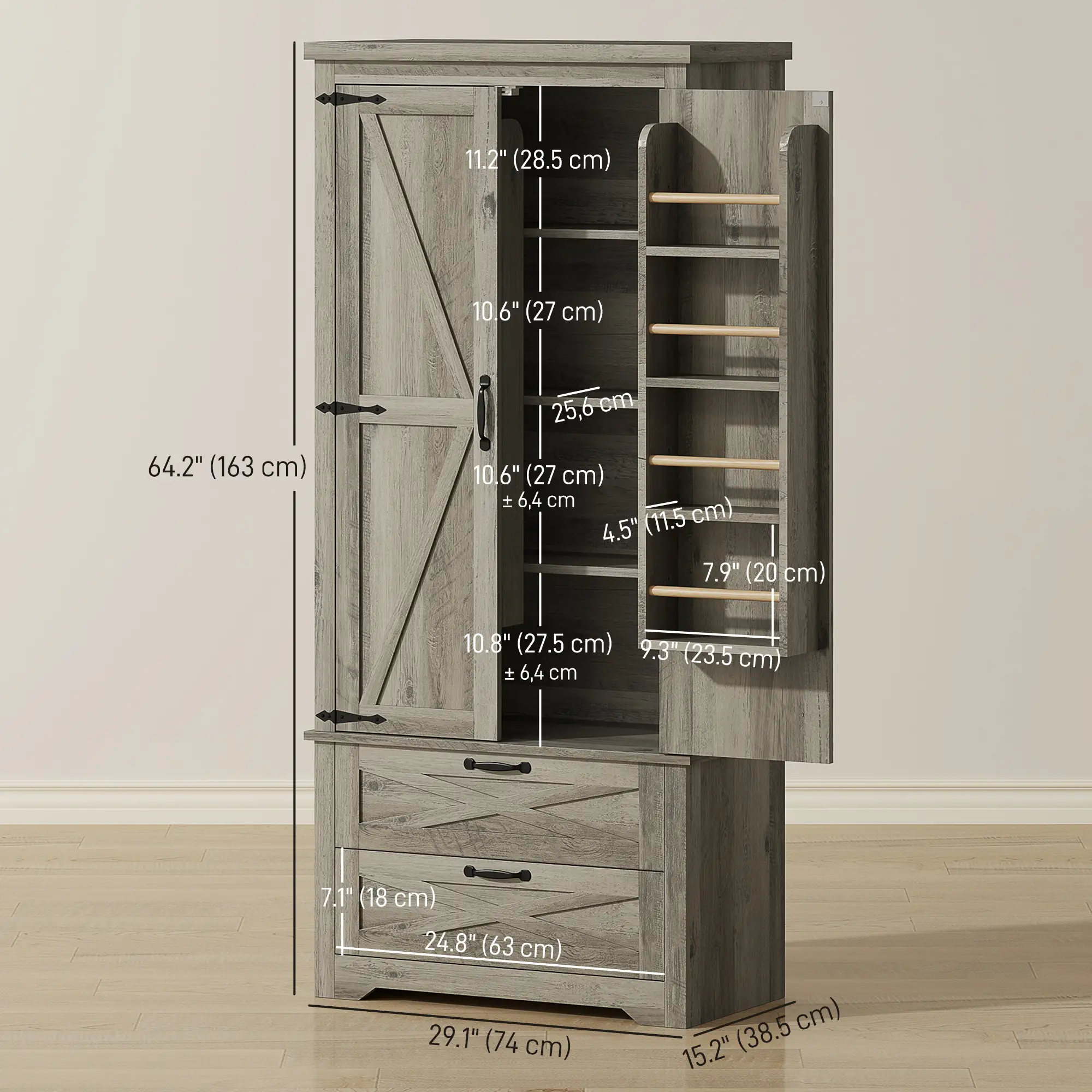 Farmhouse Kitchen Pantry Cabinet, 64" Freestanding with Drawers, Distressed Grey, Grey - Image 3