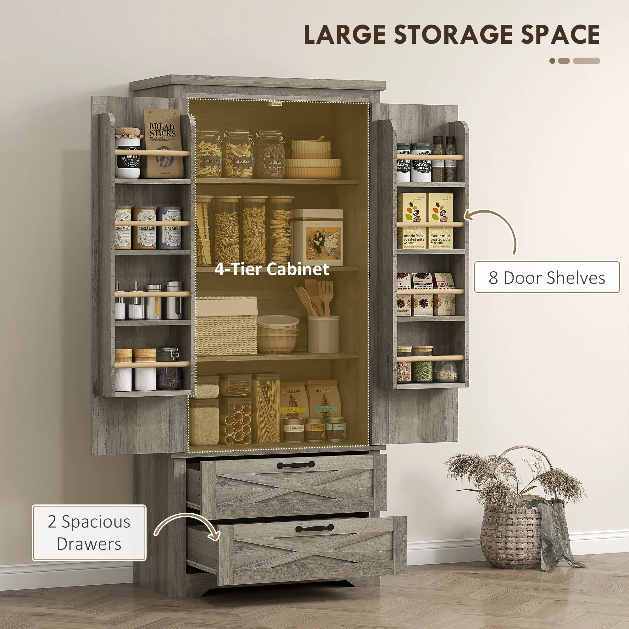 Farmhouse Kitchen Pantry Cabinet, 64" Freestanding with Drawers, Distressed Grey, Grey - Image 5