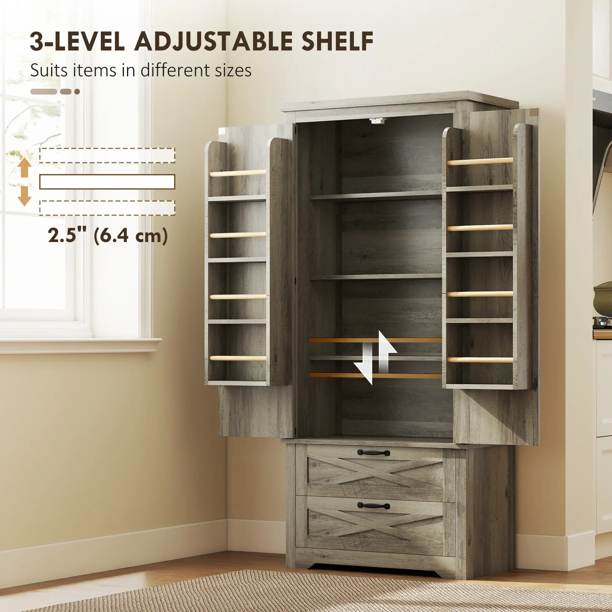 Farmhouse Kitchen Pantry Cabinet, 64" Freestanding with Drawers, Distressed Grey, Grey - Image 6