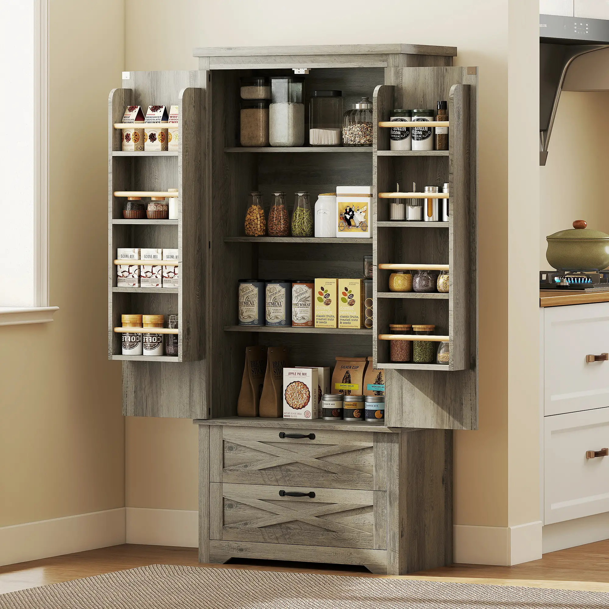 Farmhouse Kitchen Pantry Cabinet, 64" Freestanding with Drawers, Distressed Grey, Grey - Image 8