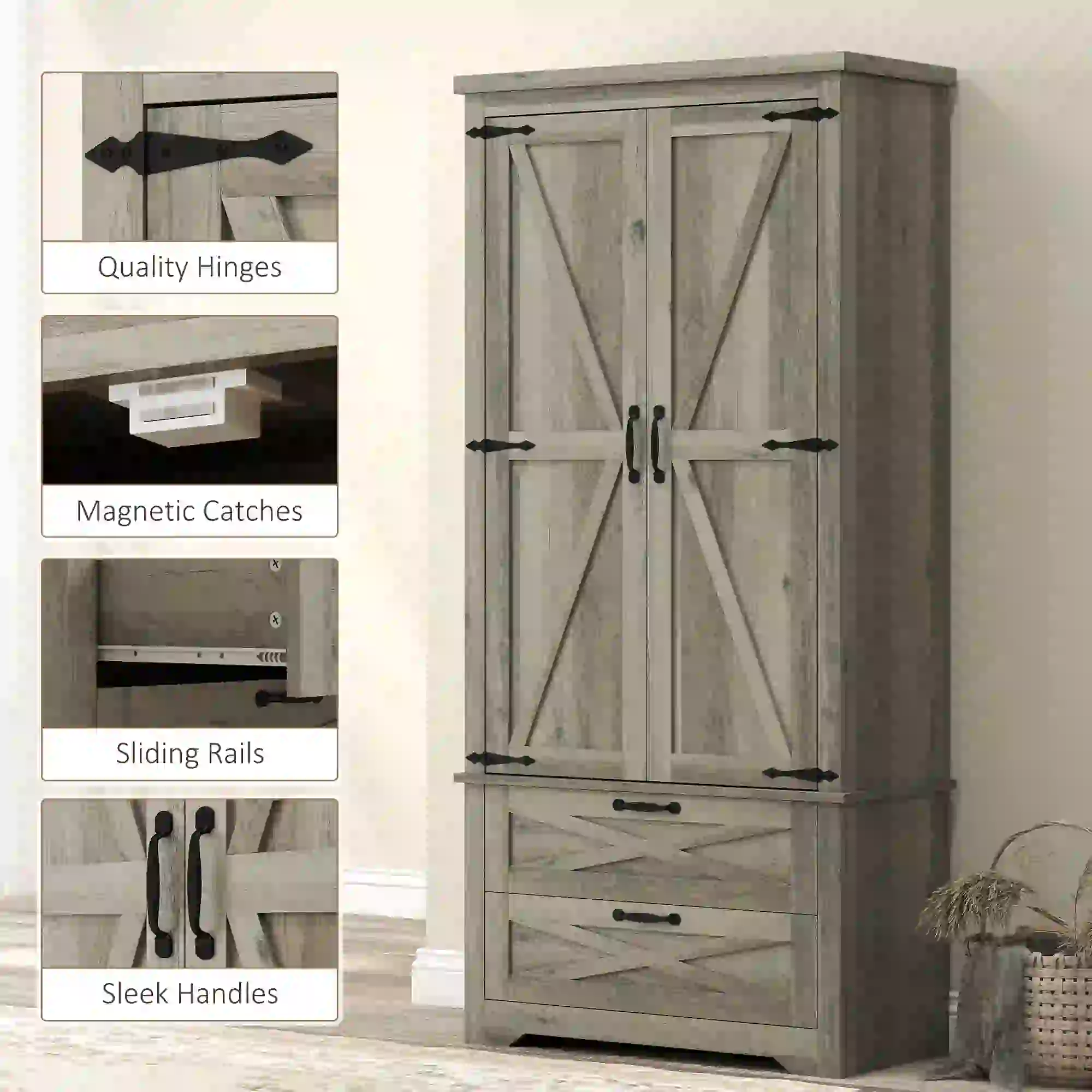 Farmhouse Kitchen Pantry Cabinet, 64" Freestanding with Drawers, Distressed Grey, Grey - Image 9