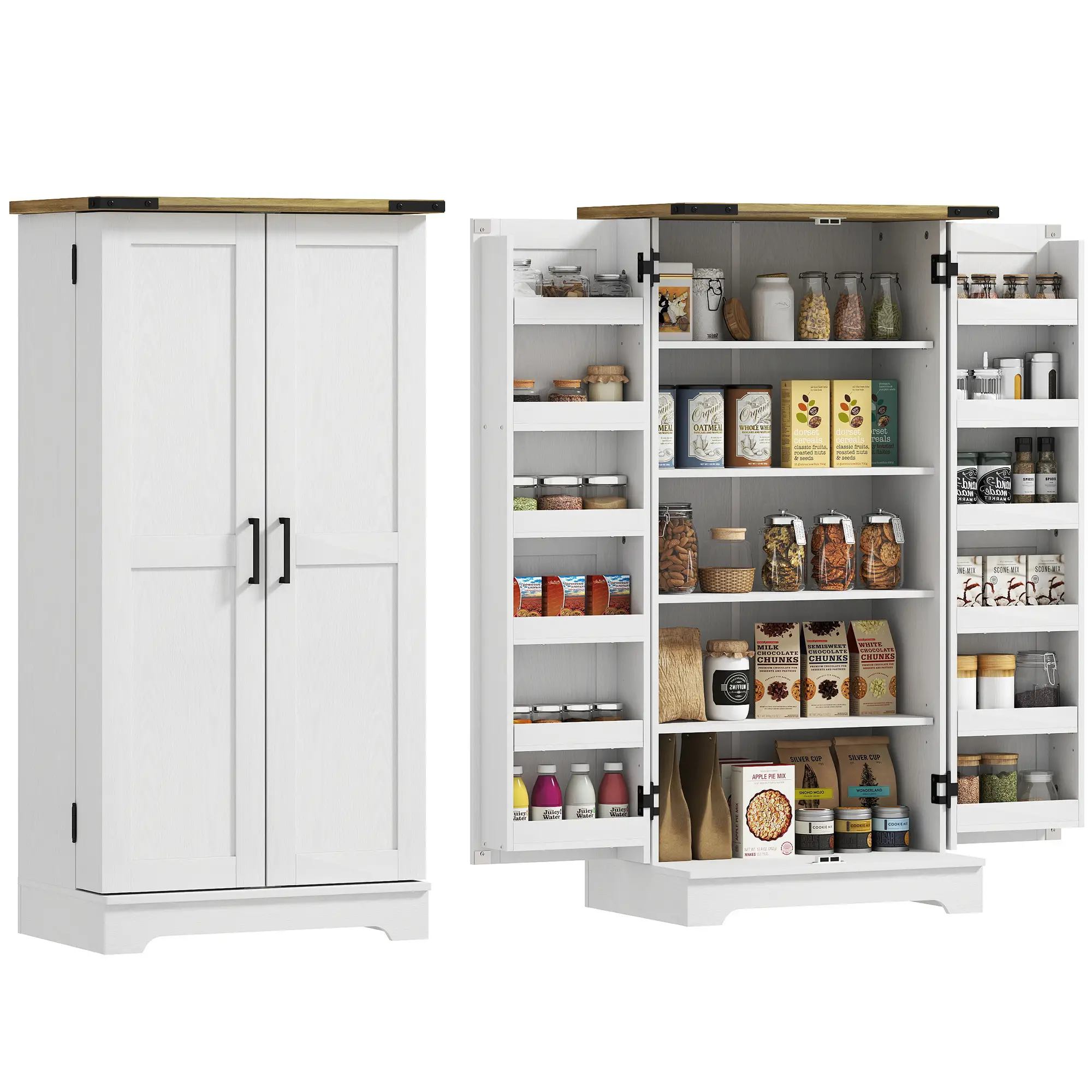 Farmhouse Kitchen Pantry Cabinet, Adjustable Shelves, Cream White - Image 11