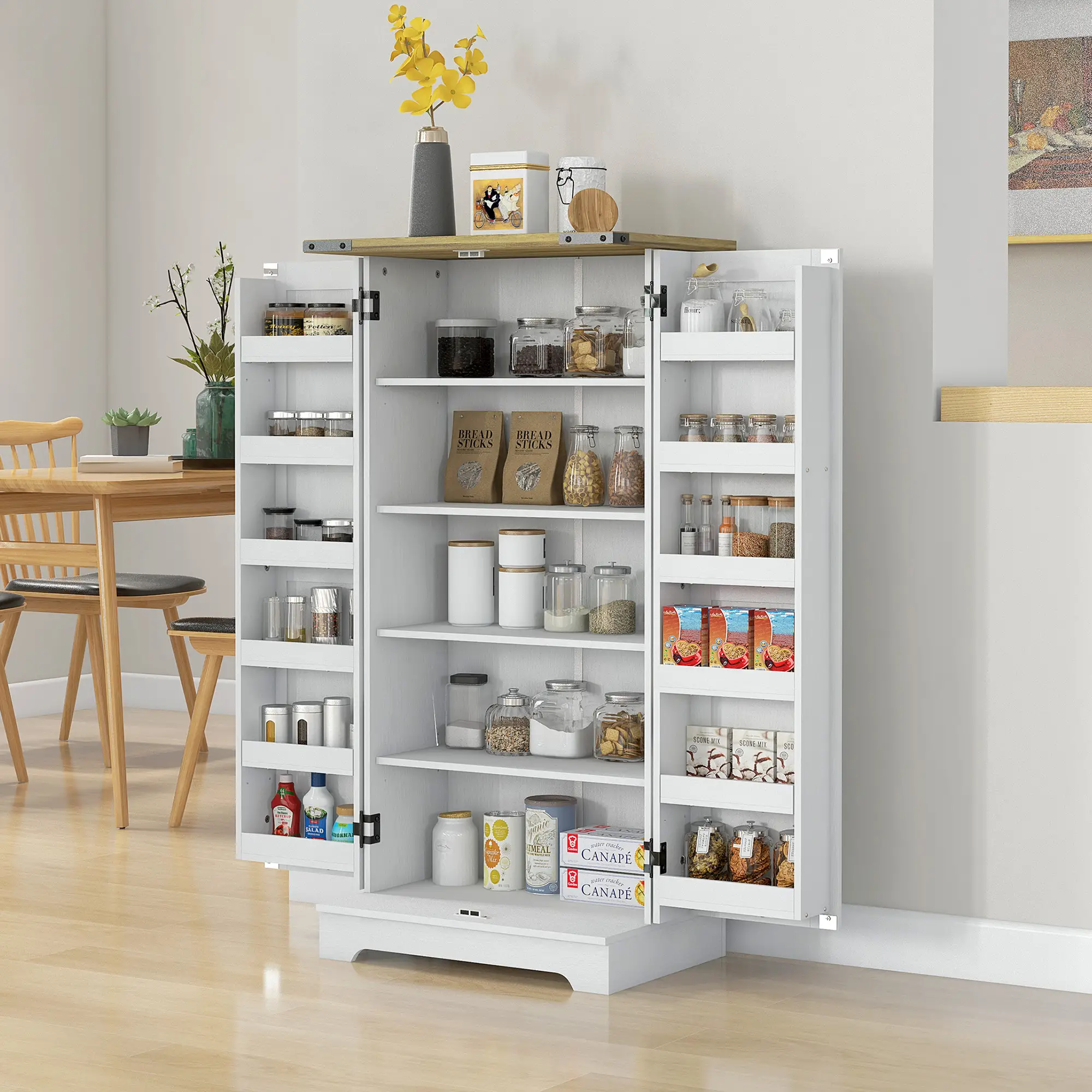 Farmhouse Kitchen Pantry Cabinet, Adjustable Shelves, Cream White - Image 2