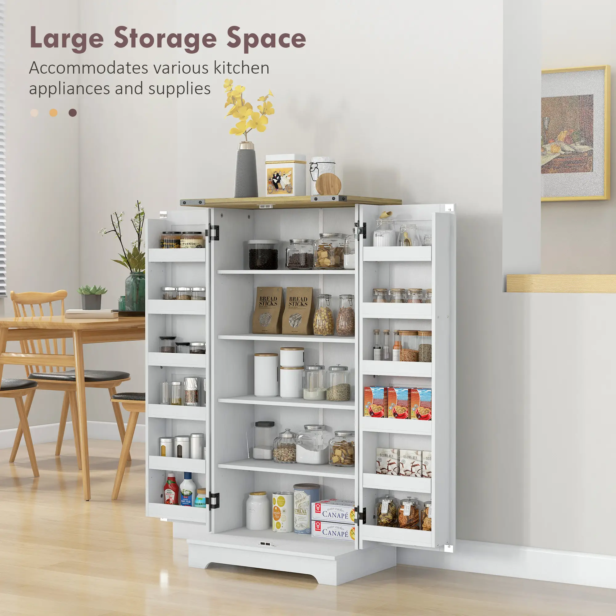 Farmhouse Kitchen Pantry Cabinet, Adjustable Shelves, Cream White - Image 4
