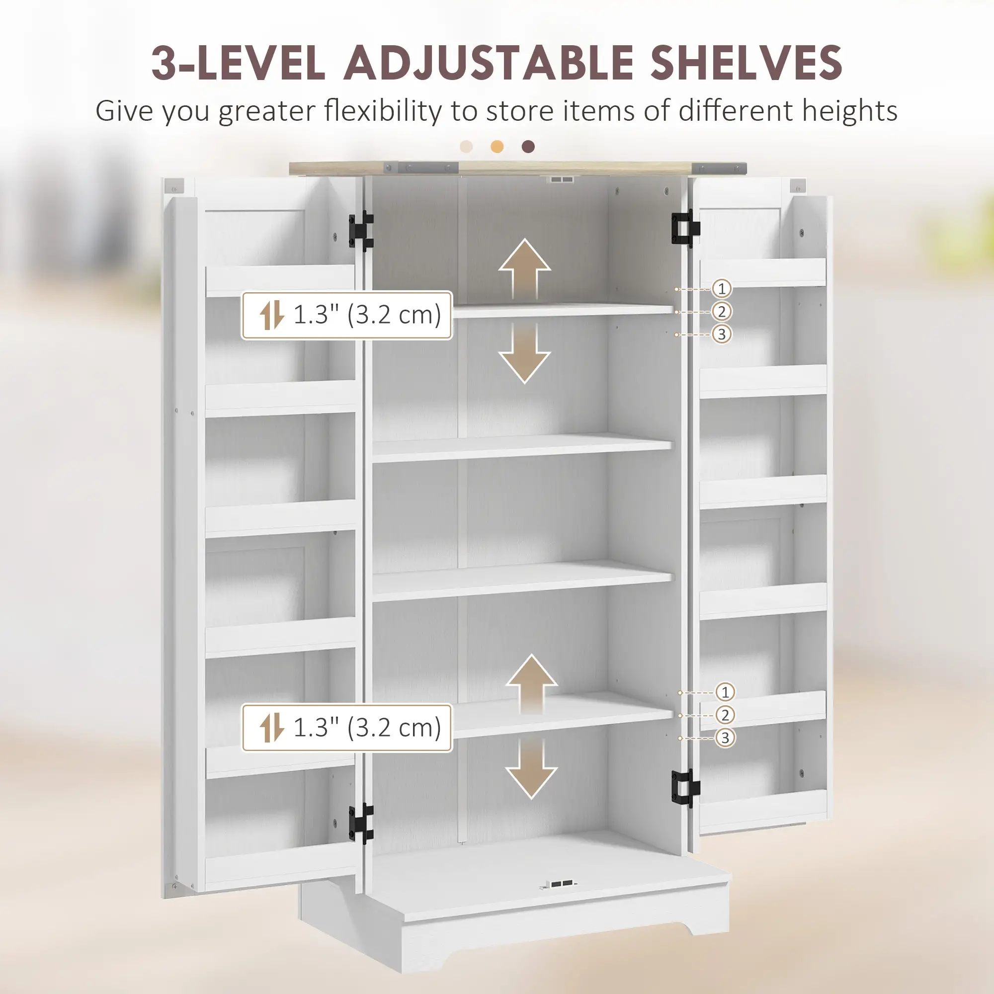 Farmhouse Kitchen Pantry Cabinet, Adjustable Shelves, Cream White - Image 5