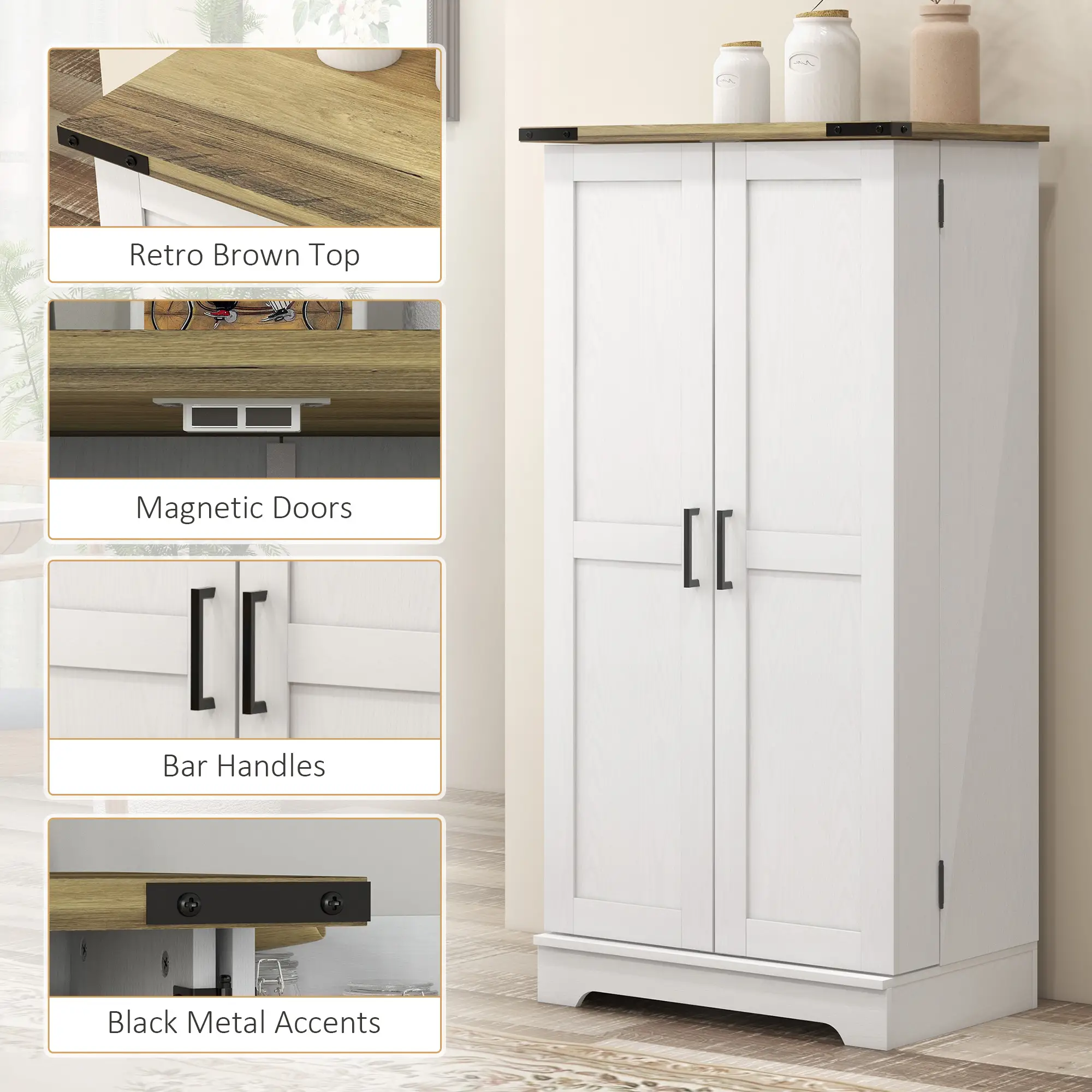Farmhouse Kitchen Pantry Cabinet, Adjustable Shelves, Cream White - Image 7