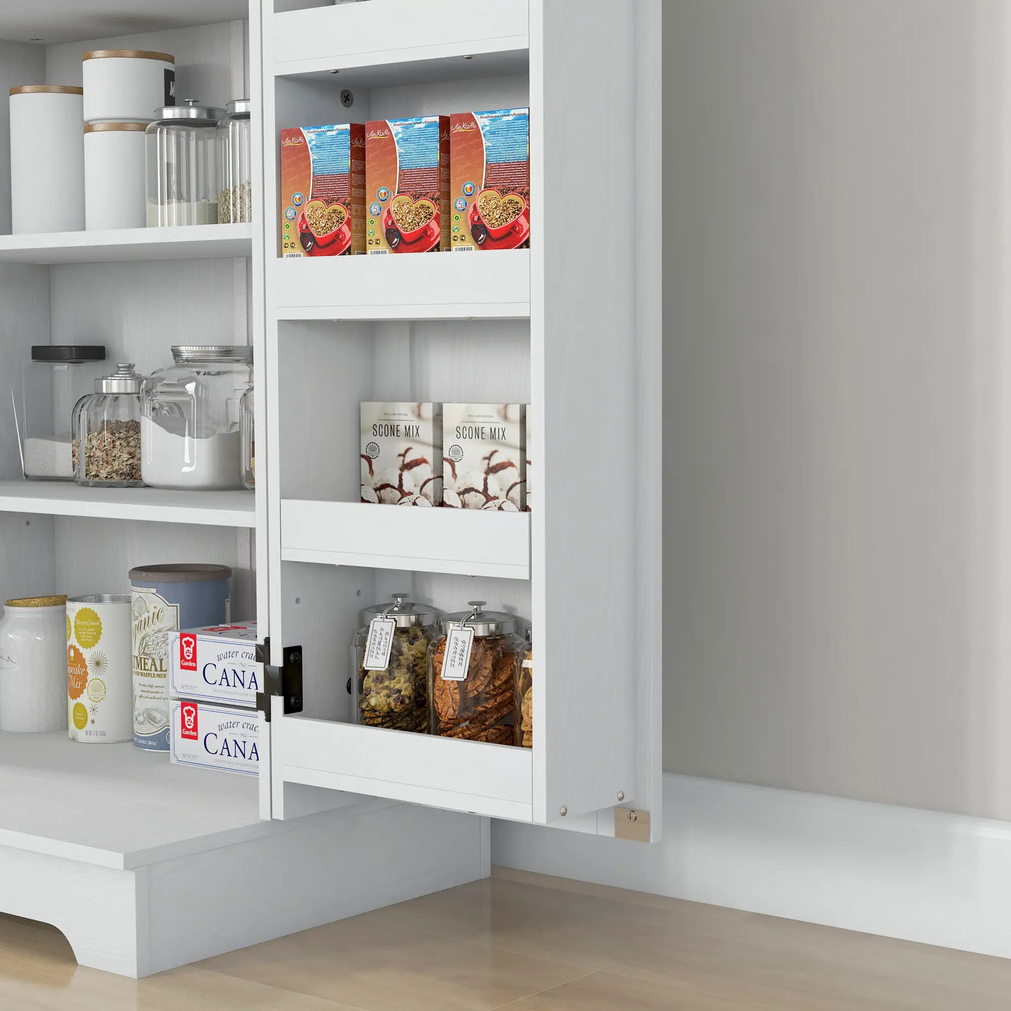 Farmhouse Kitchen Pantry Cabinet, Adjustable Shelves, Cream White - Image 9