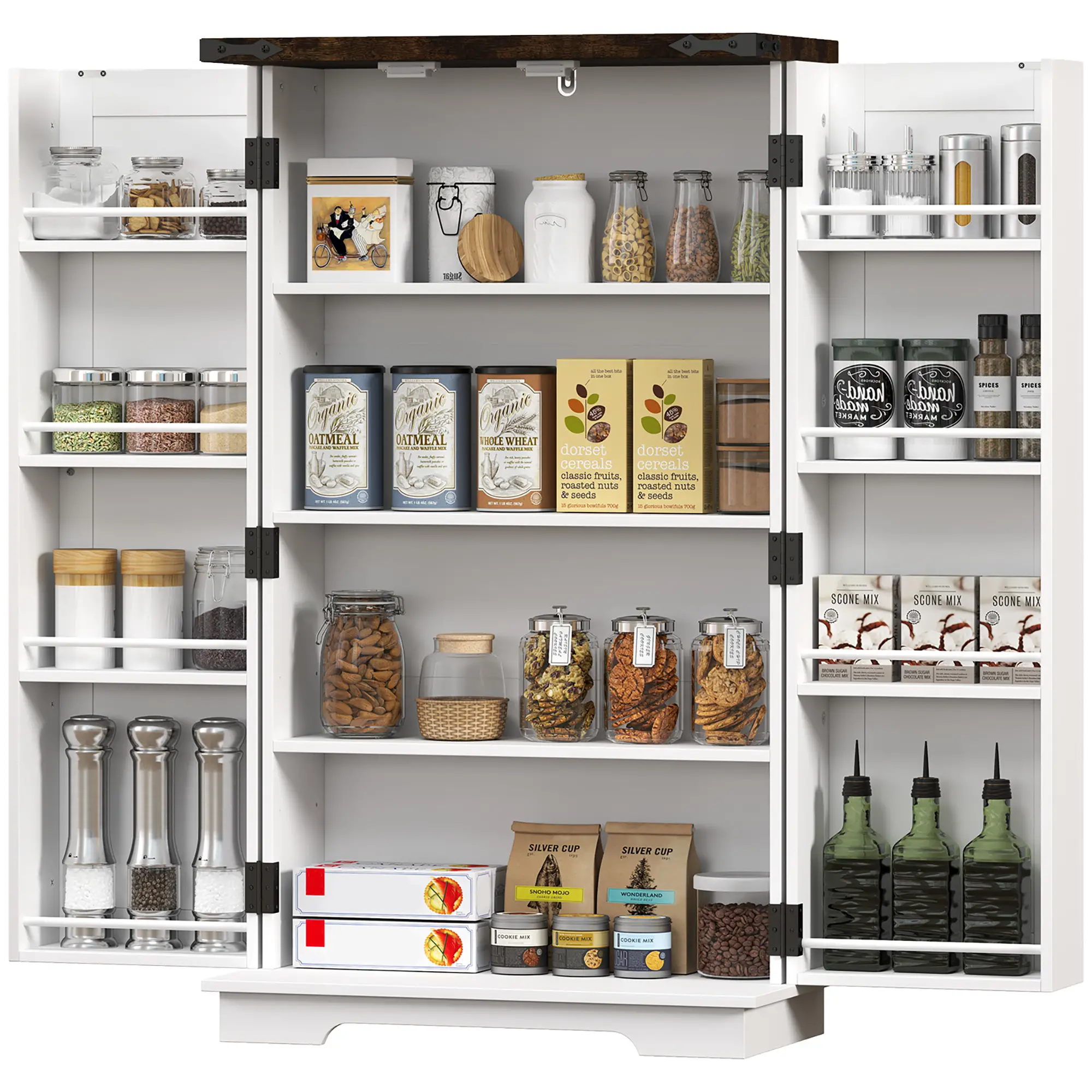 Farmhouse Kitchen Pantry Cabinet, Adjustable Shelves, White