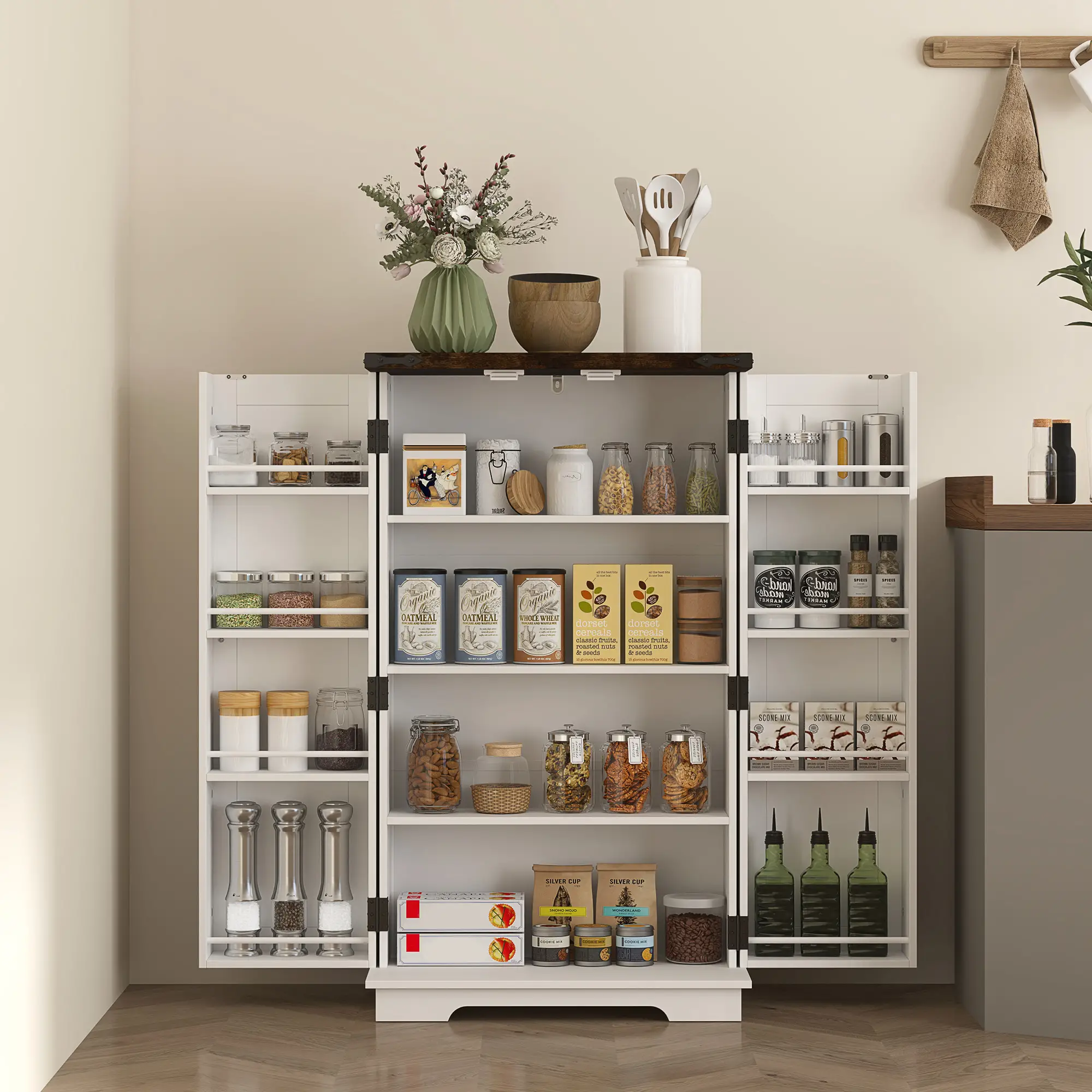 Farmhouse Kitchen Pantry Cabinet, Adjustable Shelves, White - Image 2
