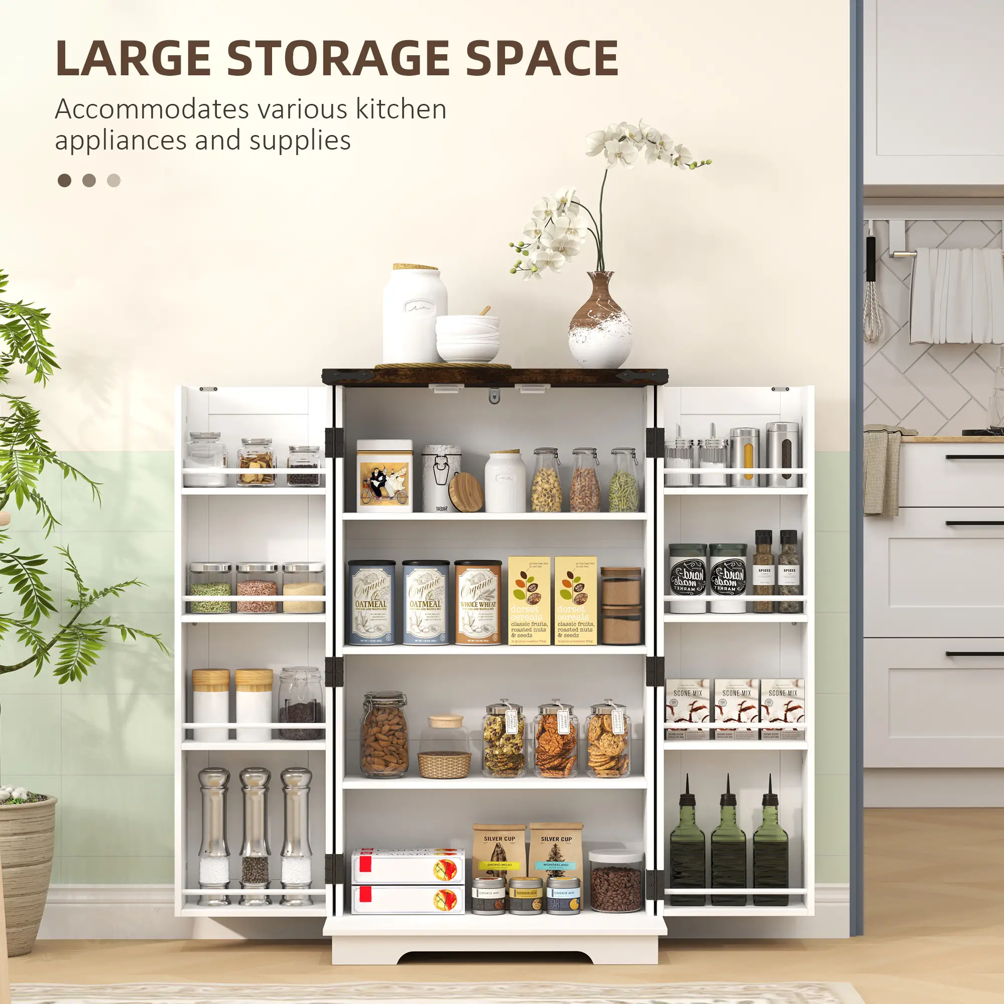Farmhouse Kitchen Pantry Cabinet, Adjustable Shelves, White - Image 4