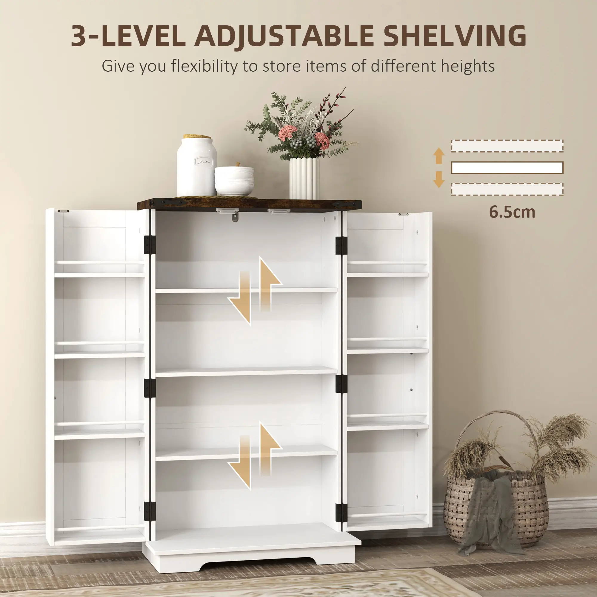 Farmhouse Kitchen Pantry Cabinet, Adjustable Shelves, White - Image 5