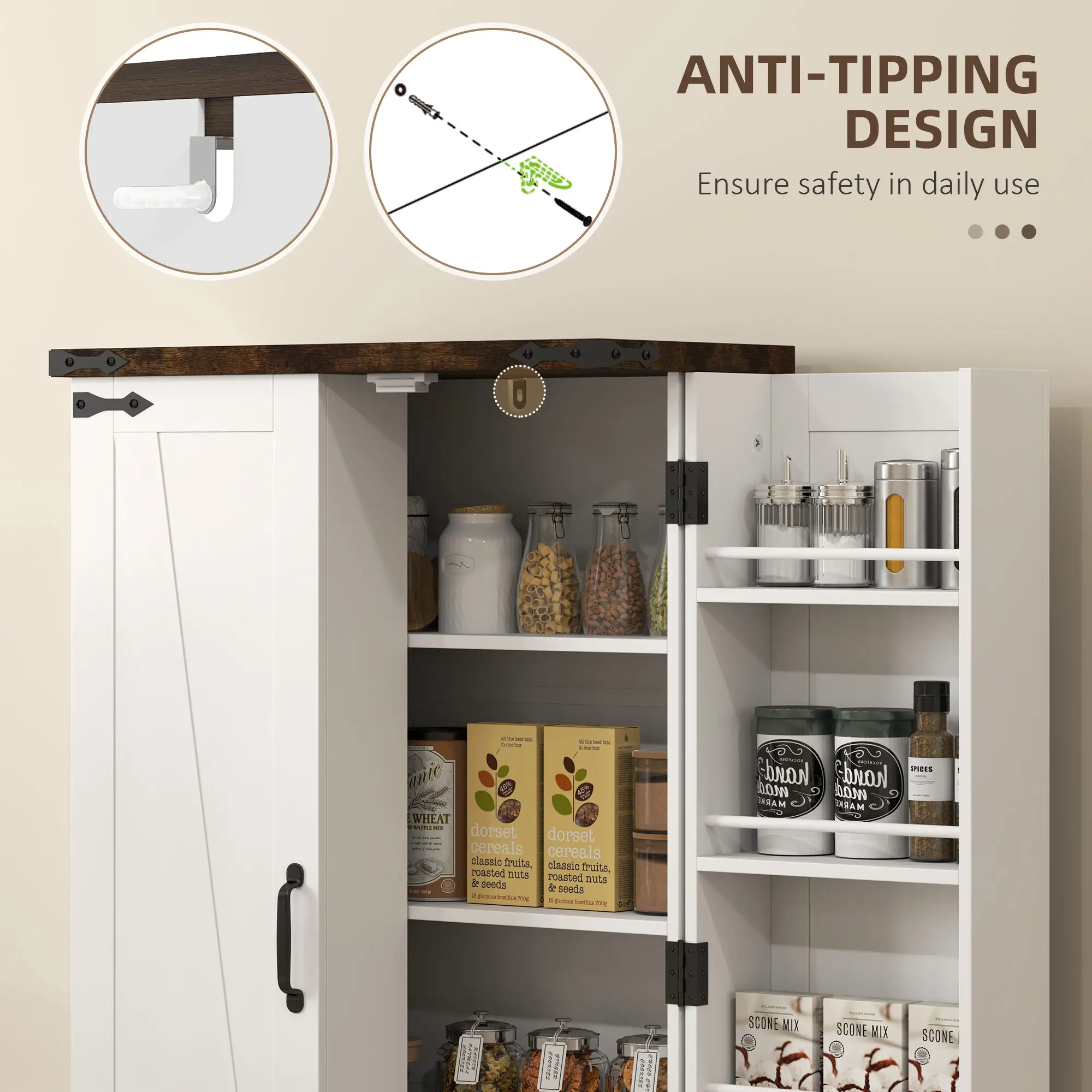 Farmhouse Kitchen Pantry Cabinet, Adjustable Shelves, White - Image 6
